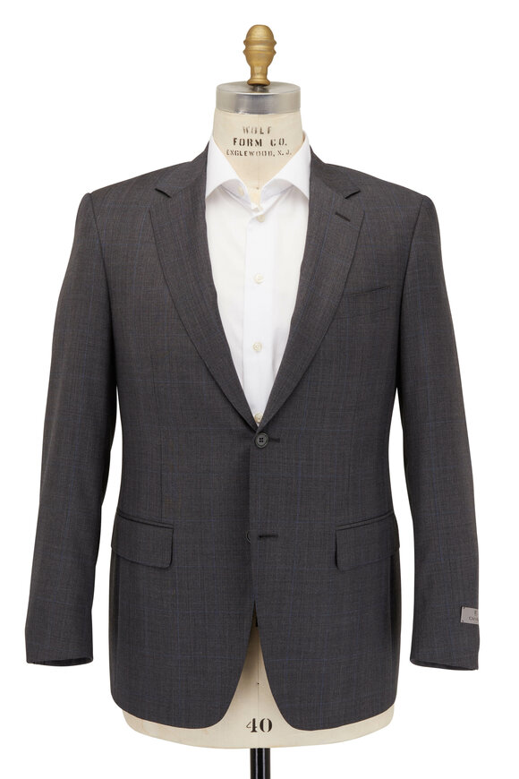 Canali Gray Subtle Blue Windowpane Wool Suit