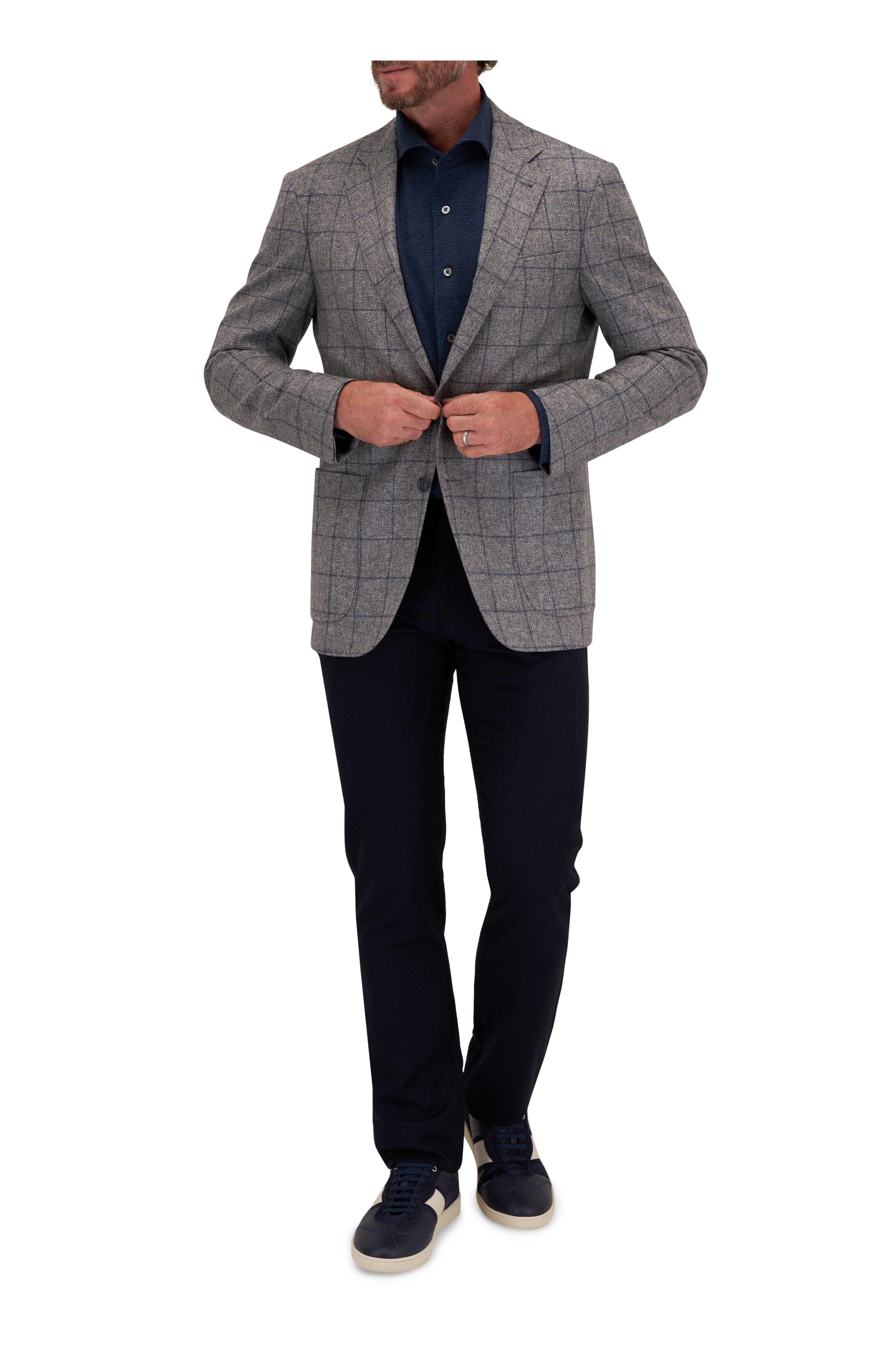 Canali Light Gray Blue Windowpane Plaid Wool Sportcoat