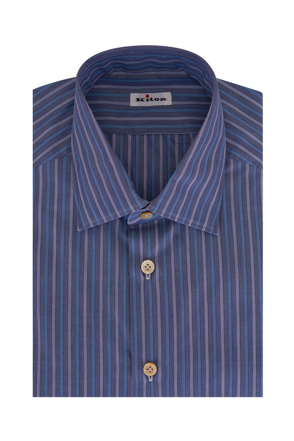 Kiton Blue Teal White Striped Cotton Dress Shirt