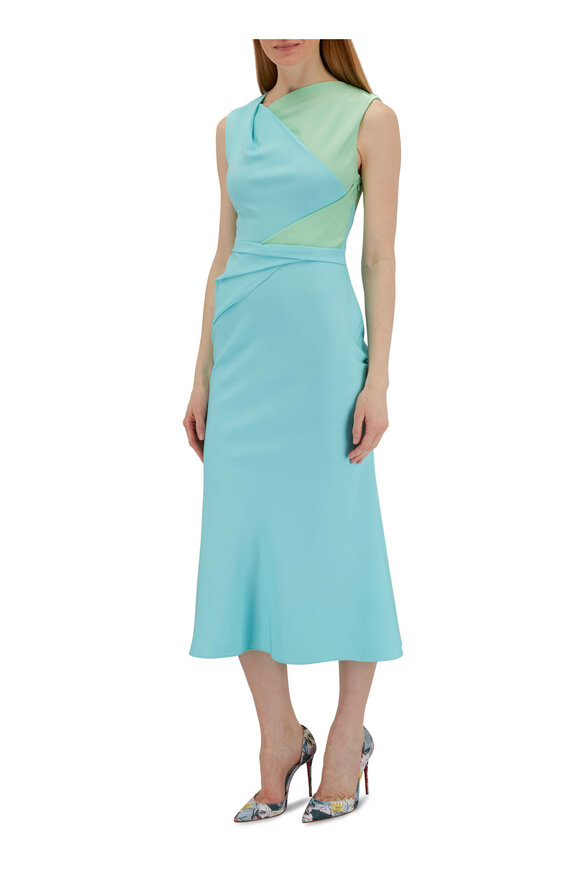 Roland Mouret Blue Green Asymmetric Stretch Cady Midi Dress