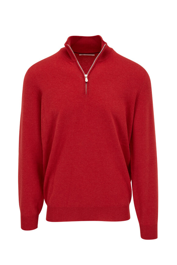 Brunello Cucinelli Red Cashmere Quarter Zip Pullover