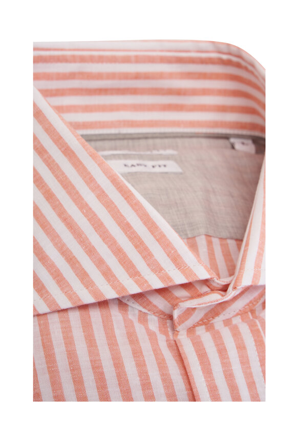 Brunello Cucinelli White Orange Striped Cotton Linen Sport Shirt