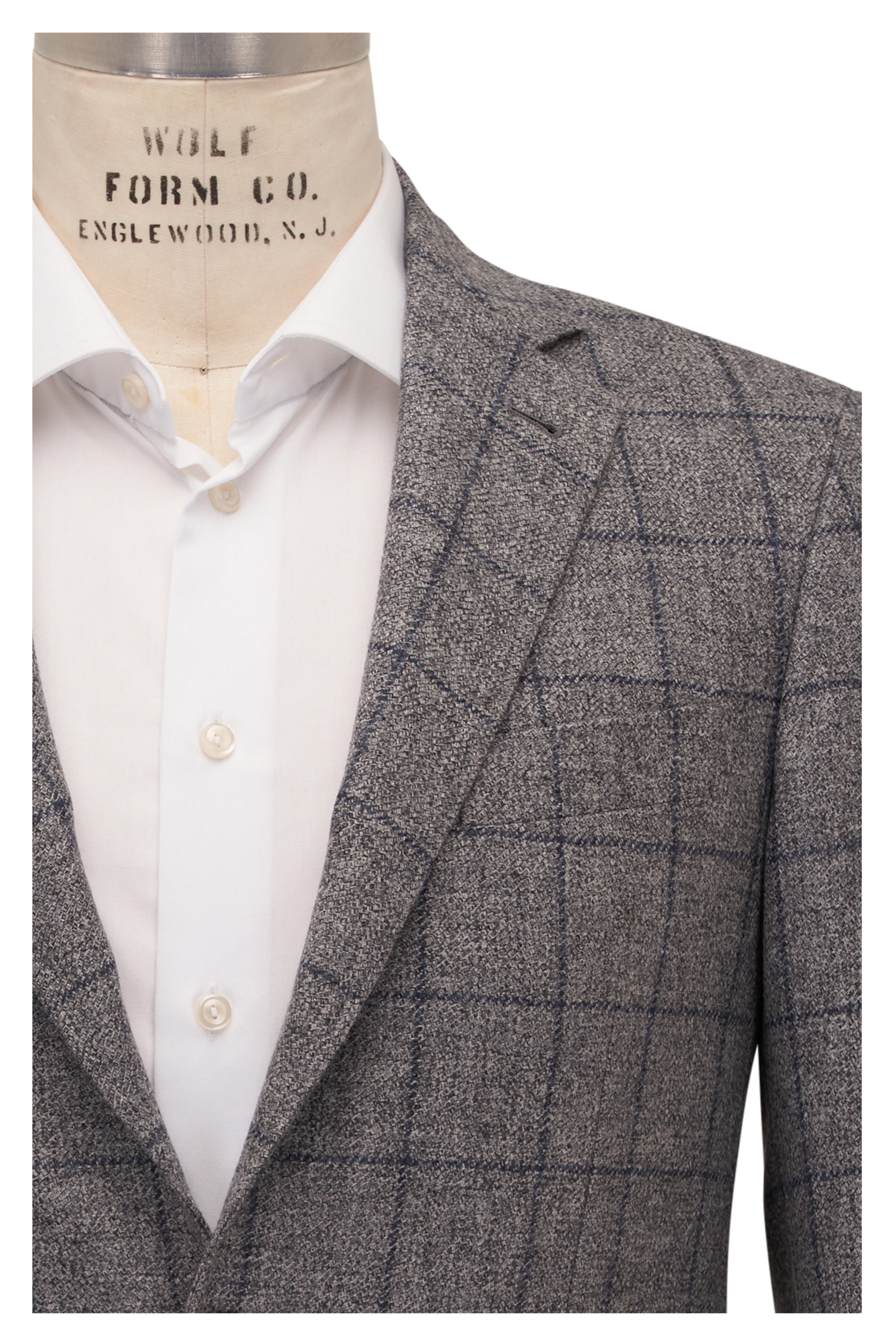 Canali Light Gray Blue Windowpane Plaid Wool Sportcoat