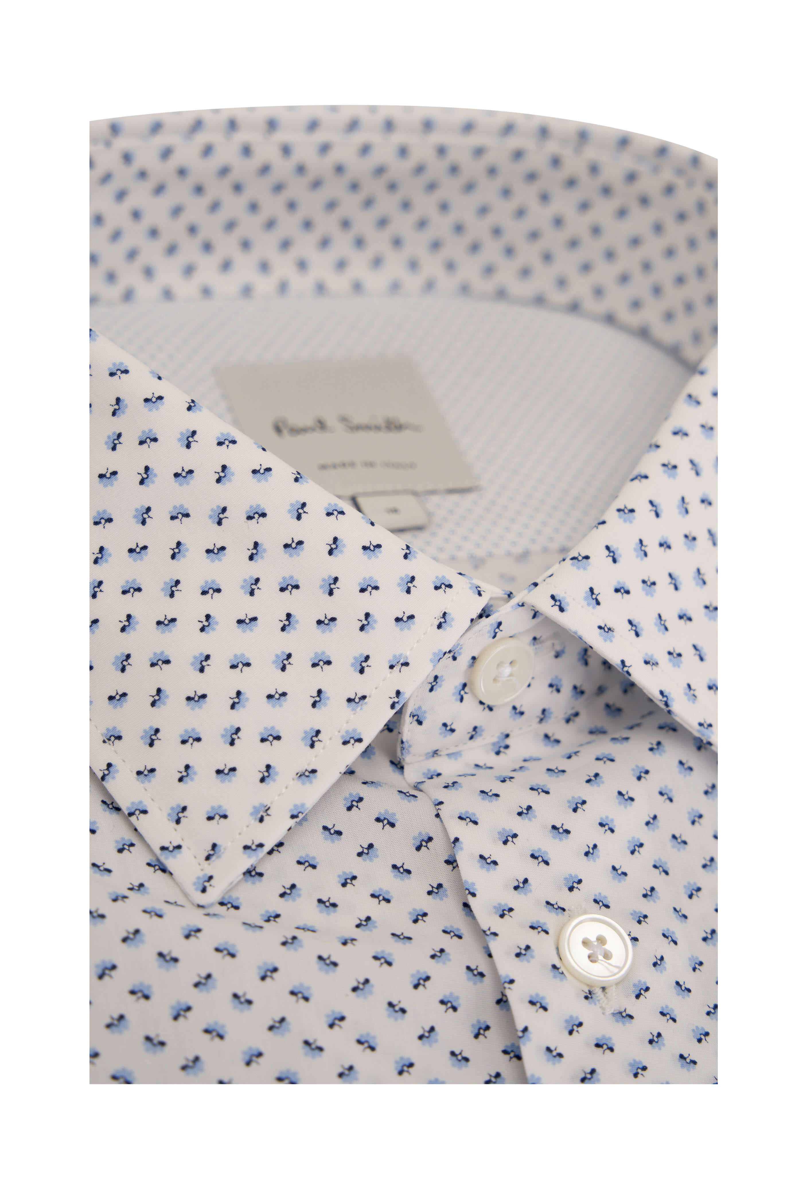 Paul Smith White Light Blue Floral Print Cotton Dress Shirt