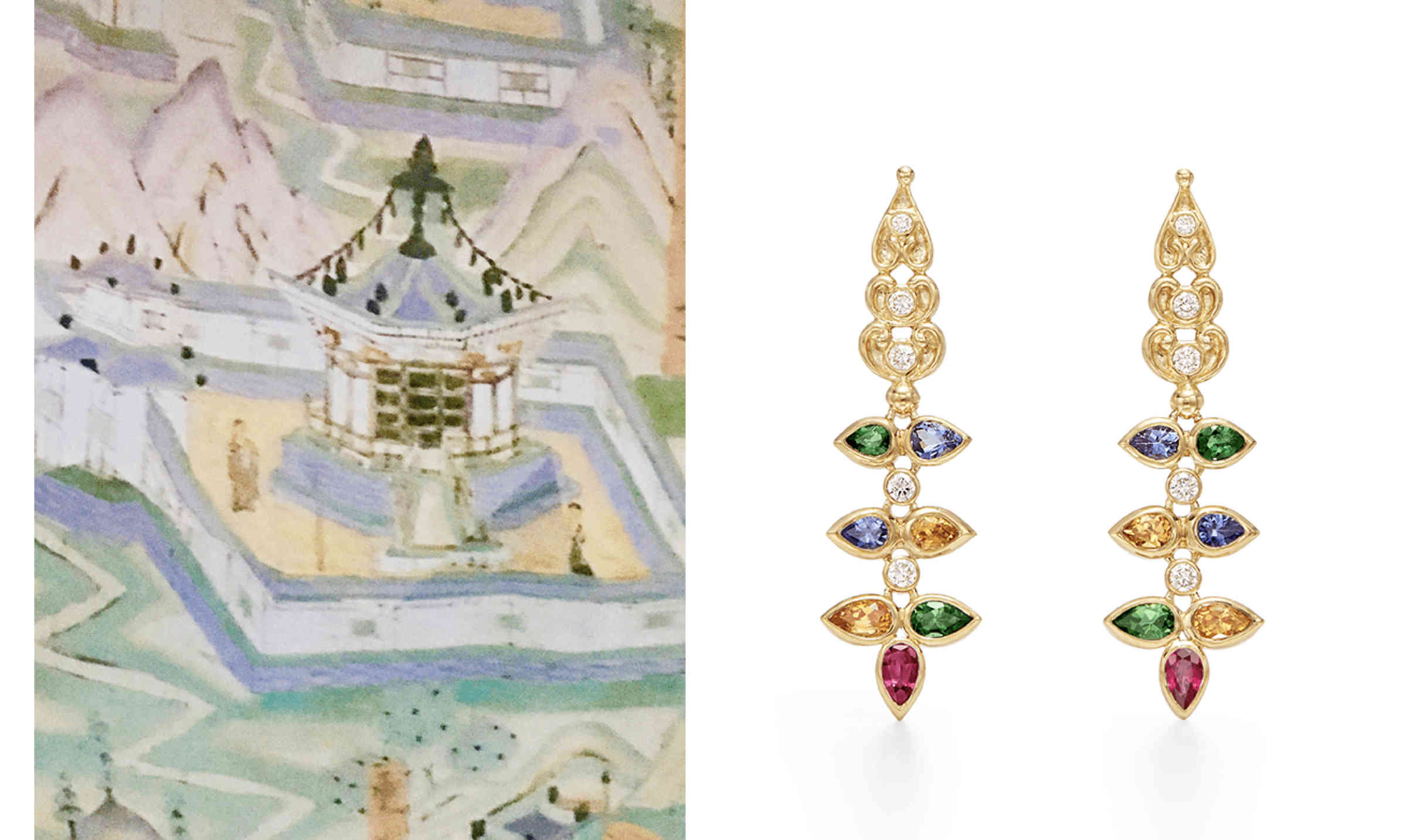 Mural painting from the Mogao Caves in Dunhuang and 18k Dynasty Earrings Mural painting from the Mogao Caves in Dunhuang and 18k Dynasty Earrings