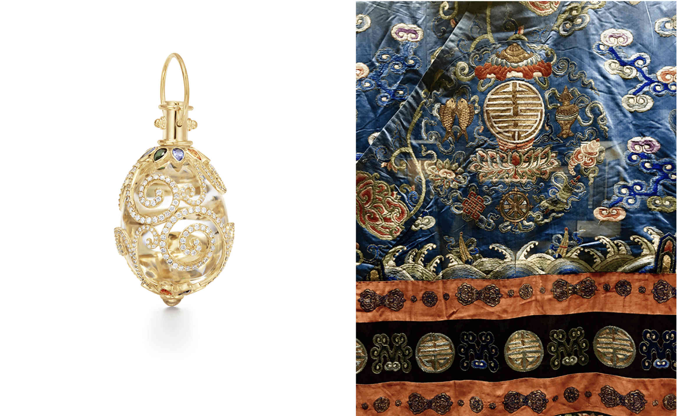 Temple St. Clair 18K Arabesque Amulet and Silk robe from the Yonghe Temple in Beijing Temple St. Clair 18K Arabesque Amulet and Silk robe from the Yonghe Temple in Beijing