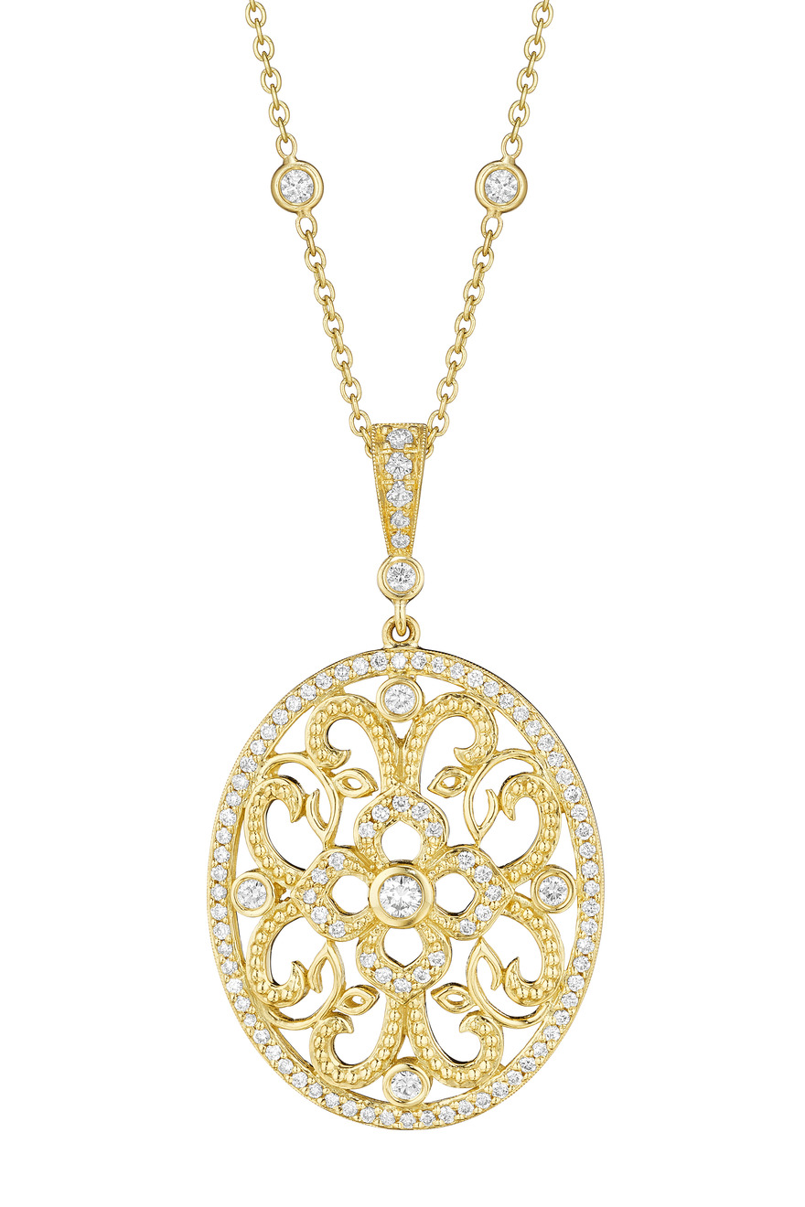Yellow Gold Curly Lace Diamond Pendant