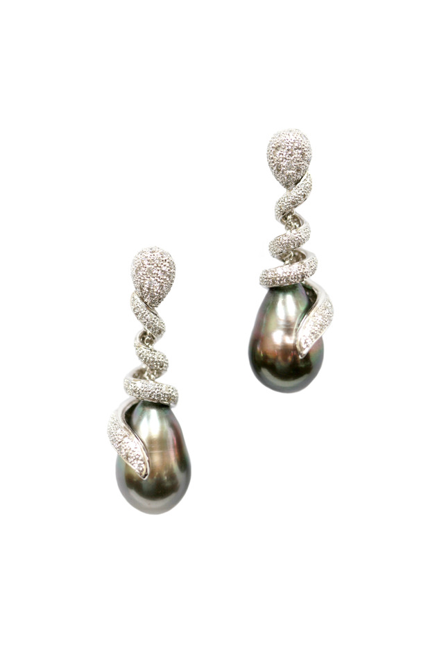 White Gold Tahitian Pearl & Diamond Earrings