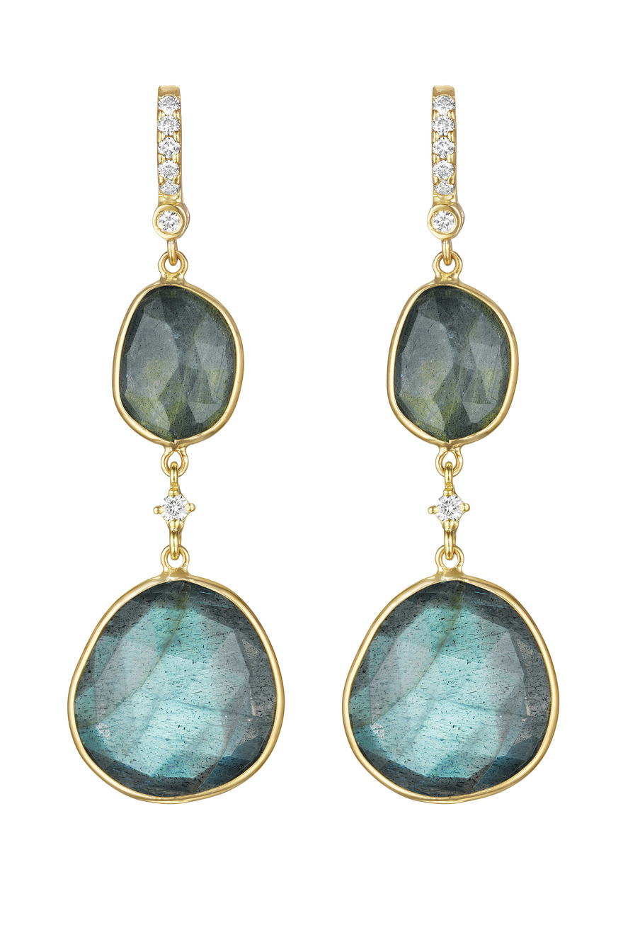 Double Drop Labrodorite Earrings with Diamond Station Link