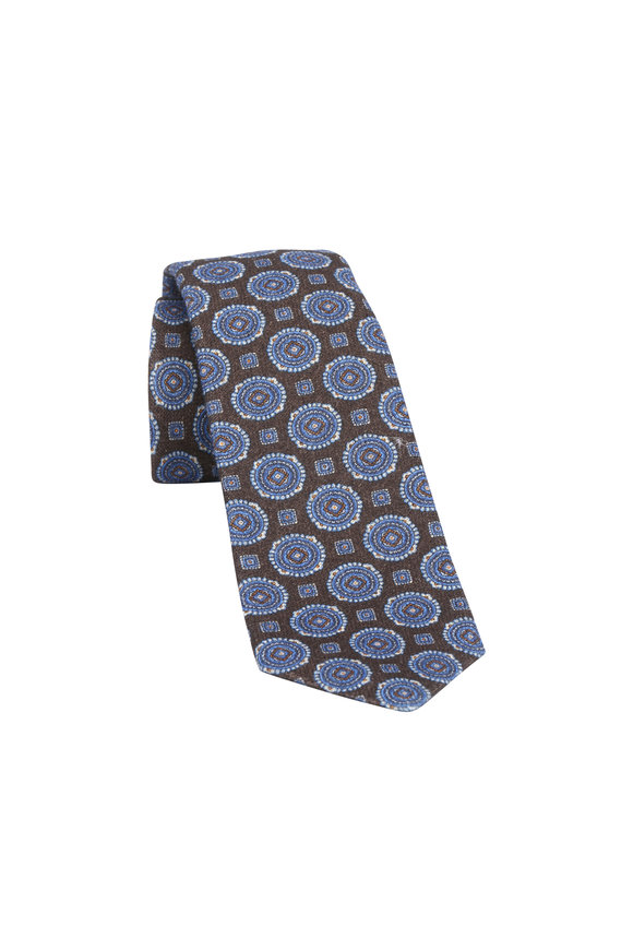 Fazzolettone Da Taschino Kiton – Seta 100% – Stampa Medaglione Blu E Bianco Turchese – Nuovo