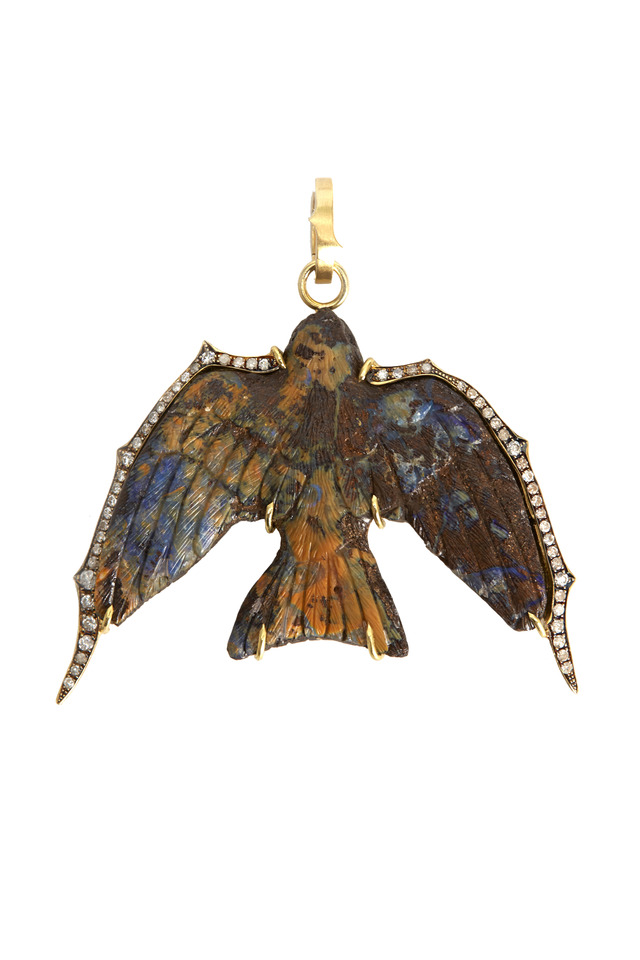 Gold Diamond Opal Hand Carved Swallow Pendant