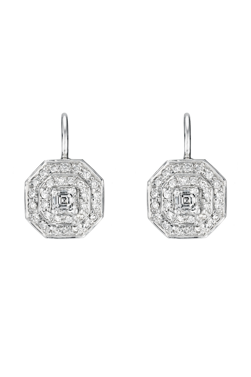 White Gold Small Double Row Pave Octagon Earrings