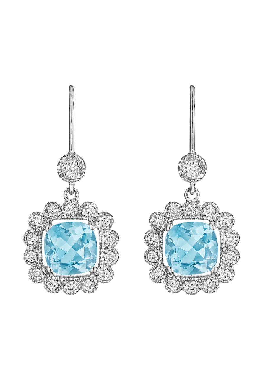Gold Aquamarine Scalloped Diamond Drop Earrings
