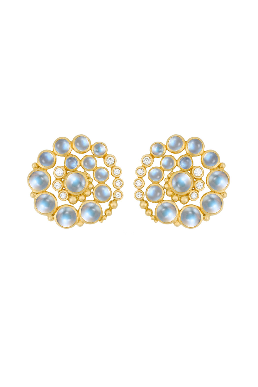 Gold Blue Moonstone & Diamond Spiral Earrings