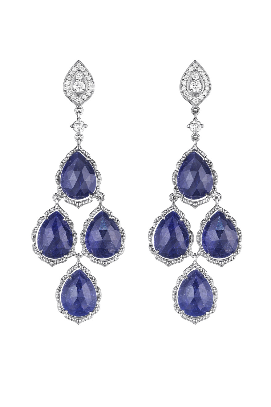White Gold Rose Cut Blue Sapphire Cluster Earrings