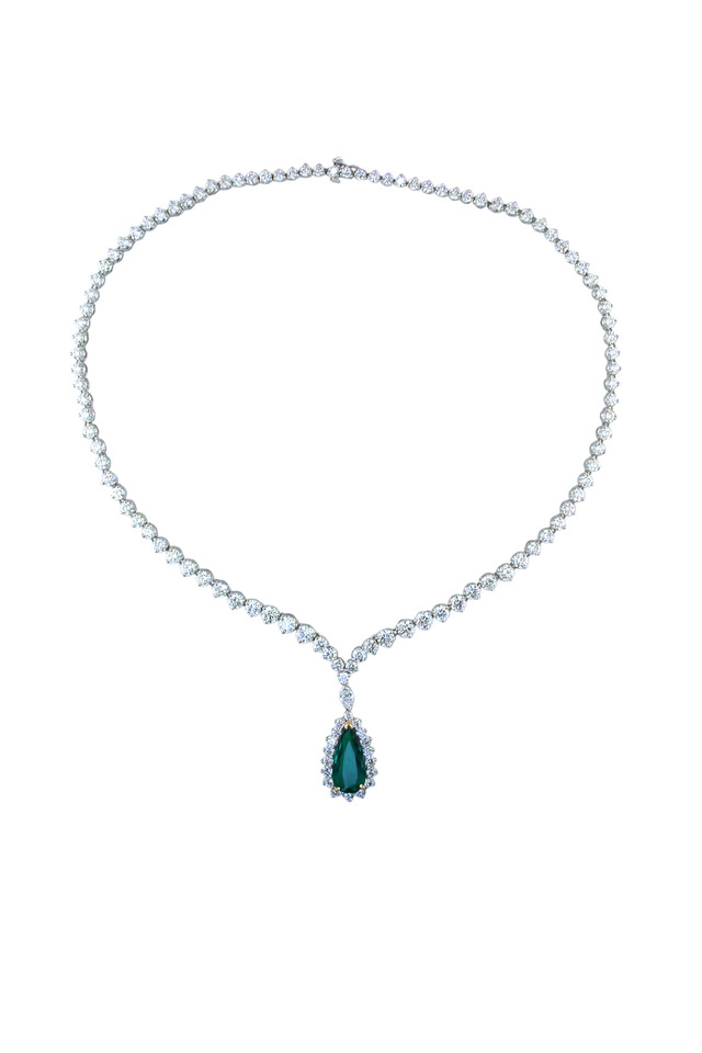 Platinum Green Emerald White Diamond Necklace