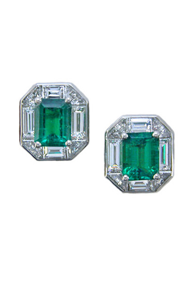 Platinum Emerald Diamond Stud Earrings