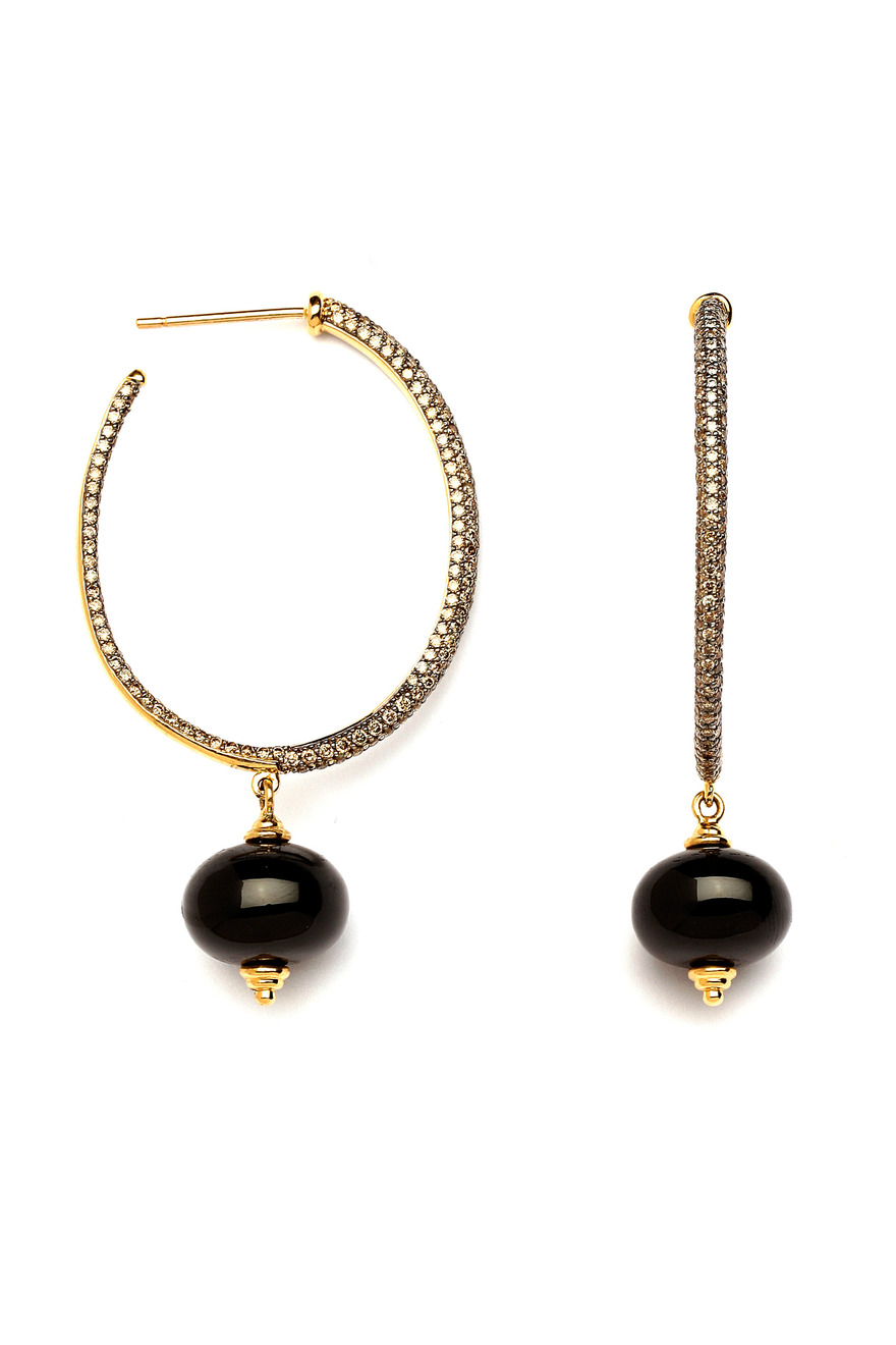 Black Spinel Bead Yellow Gold Hoop Earrings
