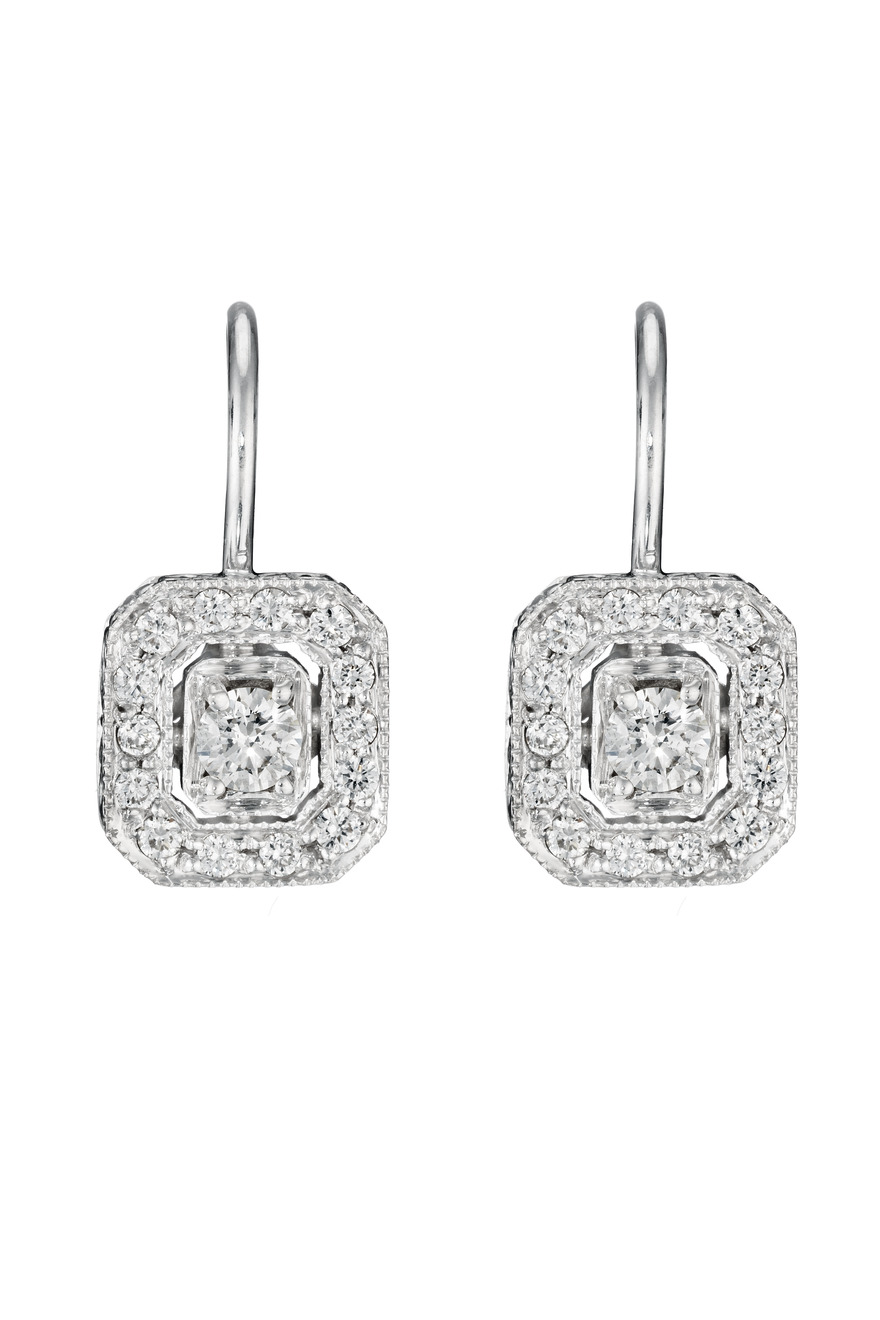 White Gold Engraved Emerald Shaped Diamond Earrings