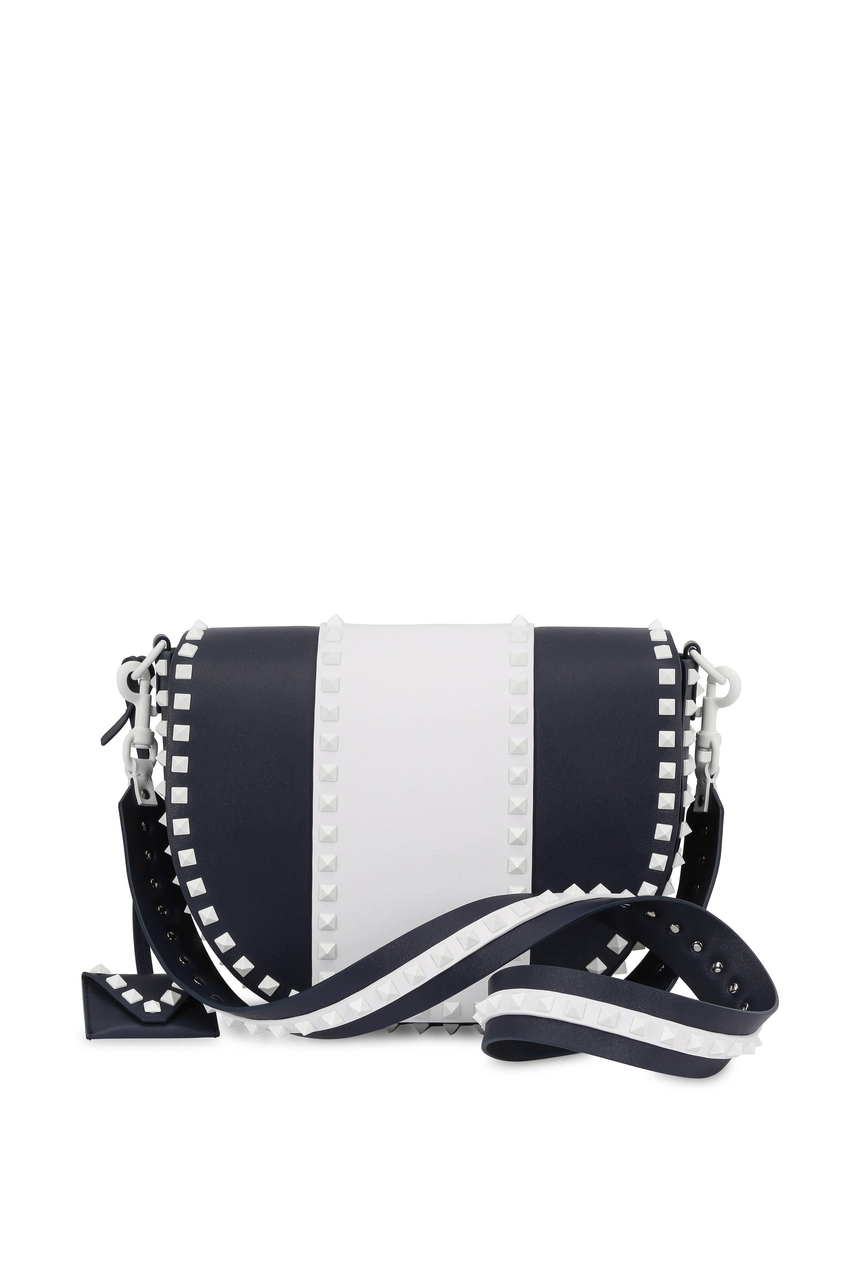 navy and white bag