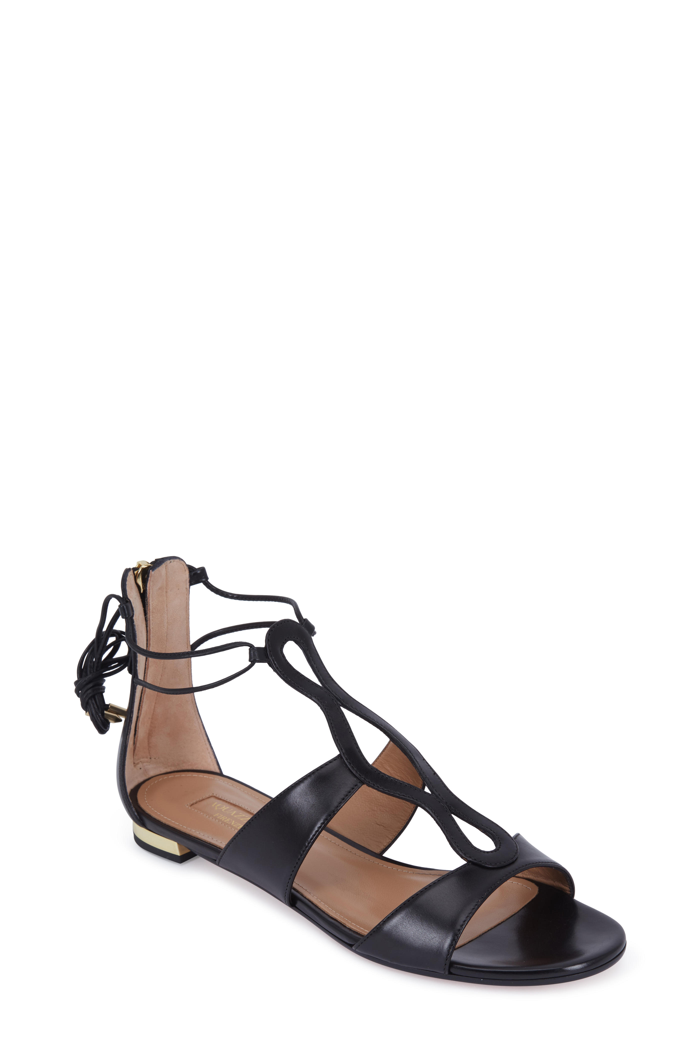 black ankle tie flat sandals