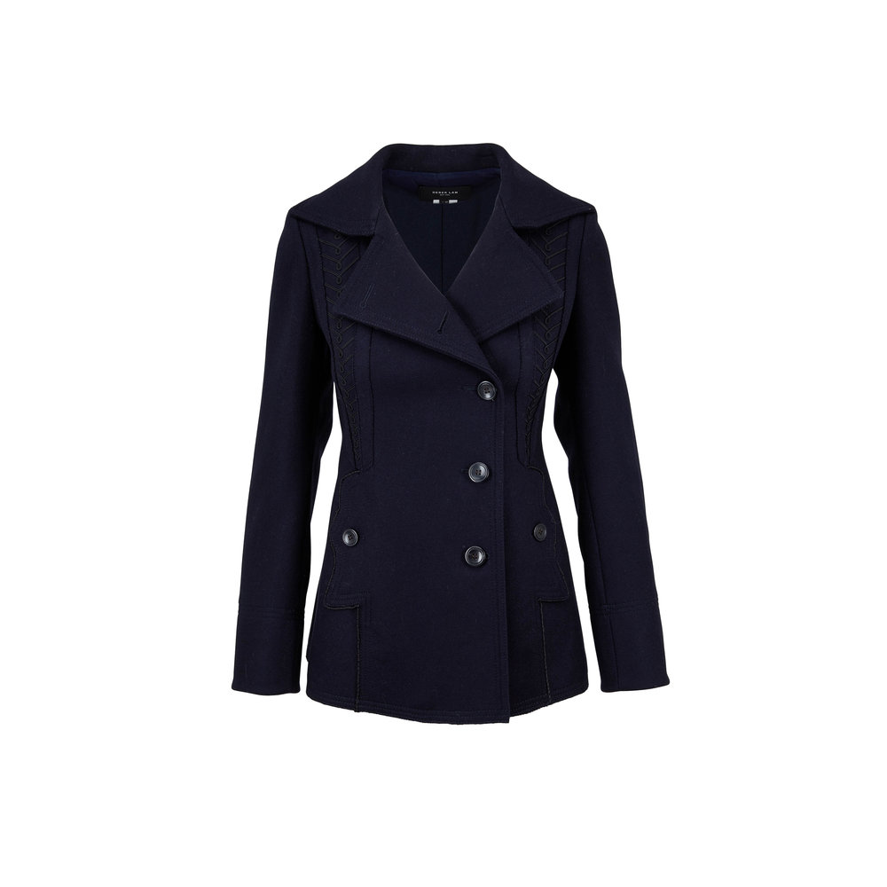 Derek Lam - Navy Blue Wool & Cashmere Embroidered Peacoat | Mitchell Stores