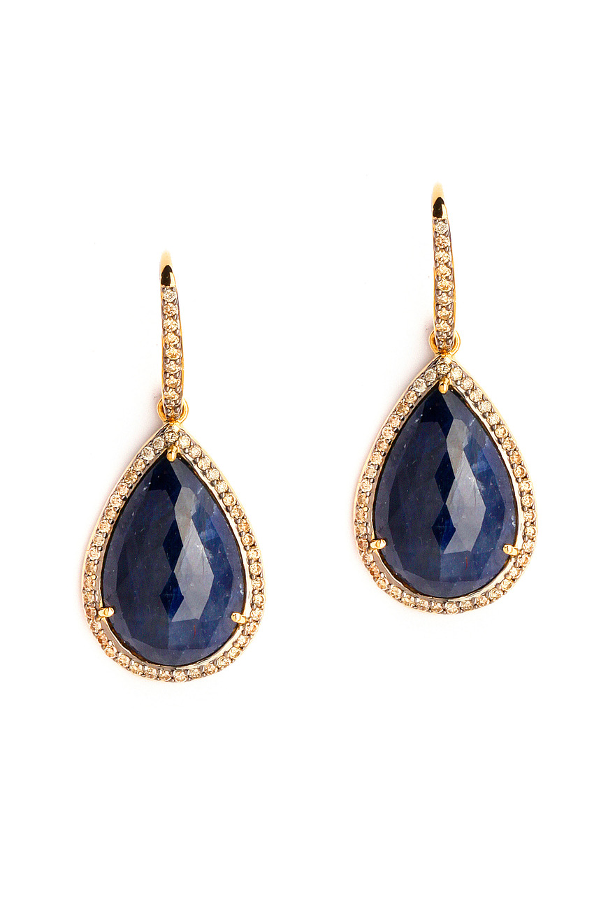 Blue Sapphire Tear Drop Rosecut Earrings With Champagne Diamonds