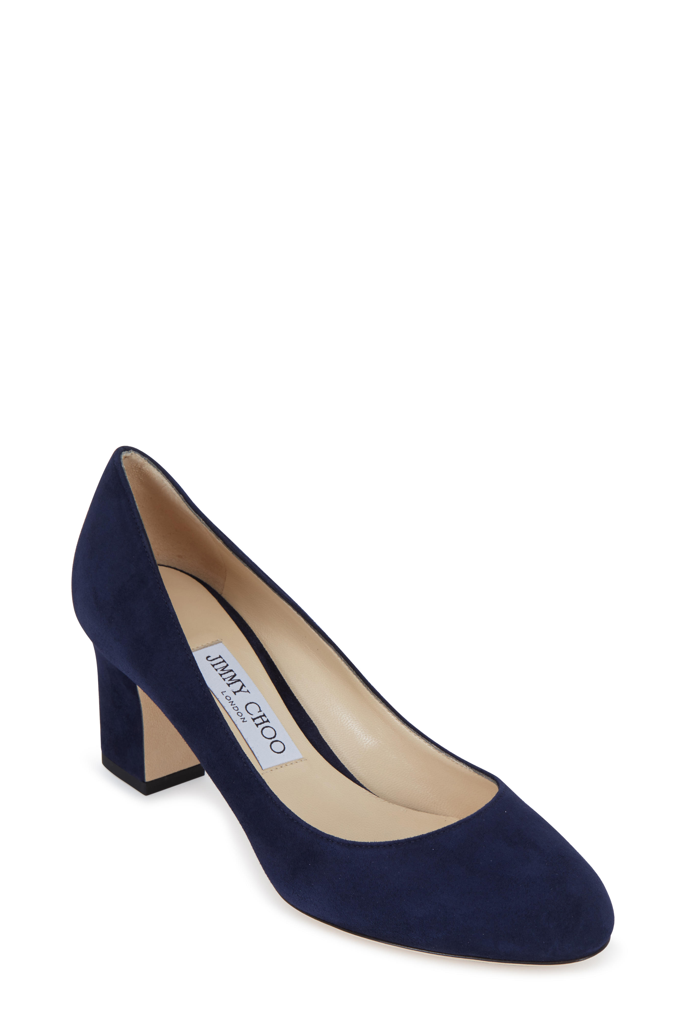 blue suede block heel pumps