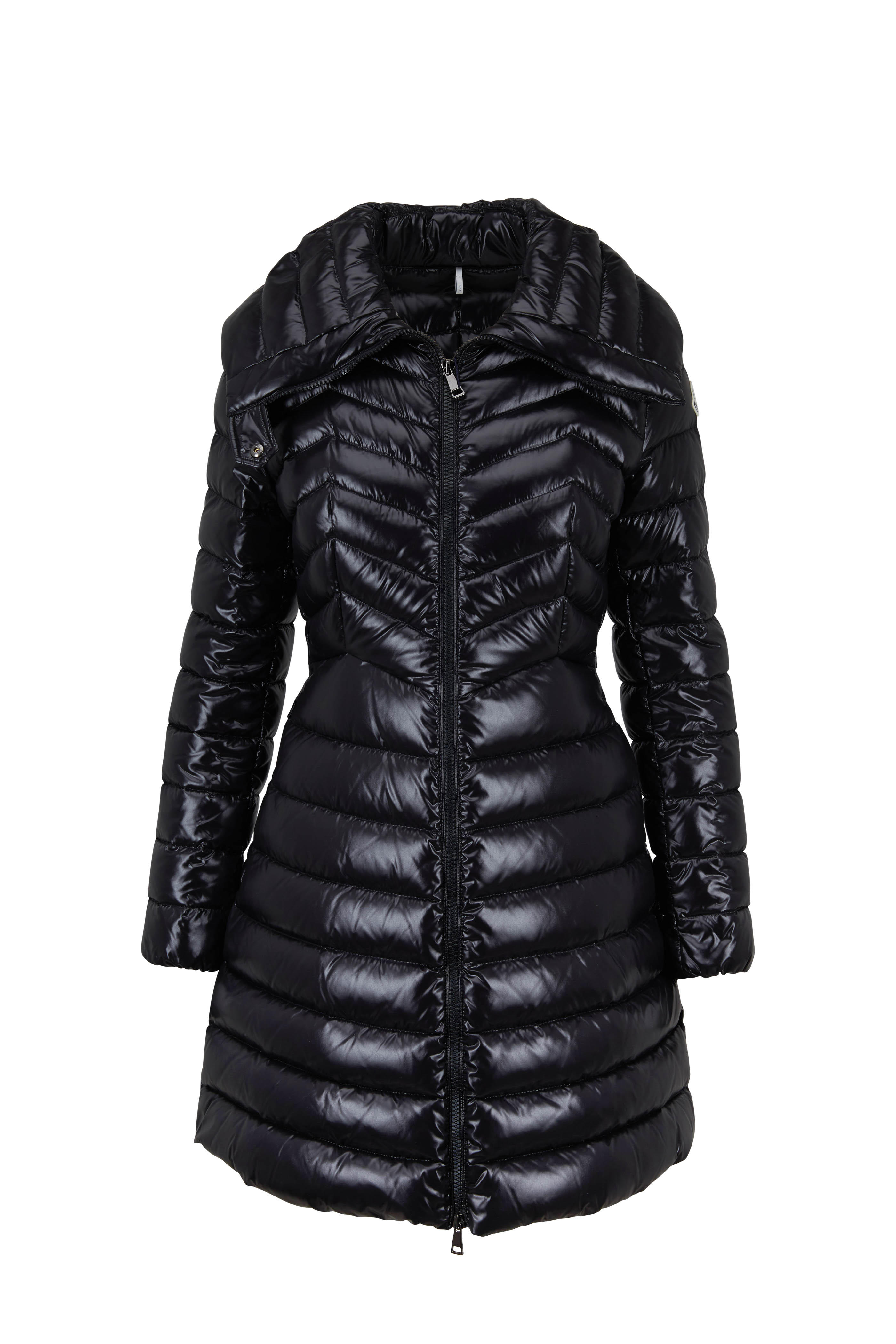 black shiny moncler coat