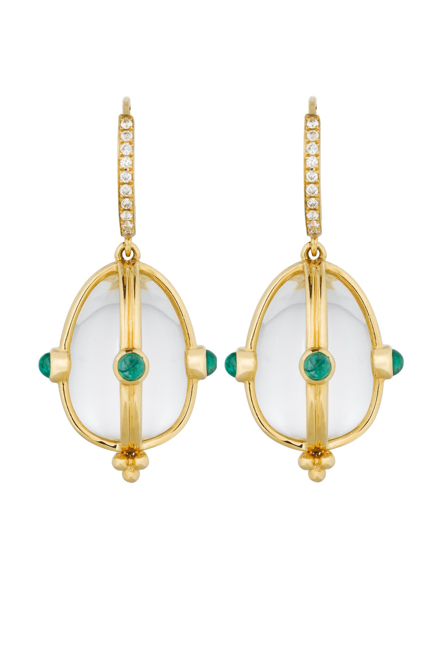 Yellow Gold Crystal & Emerald Diamond Earrings