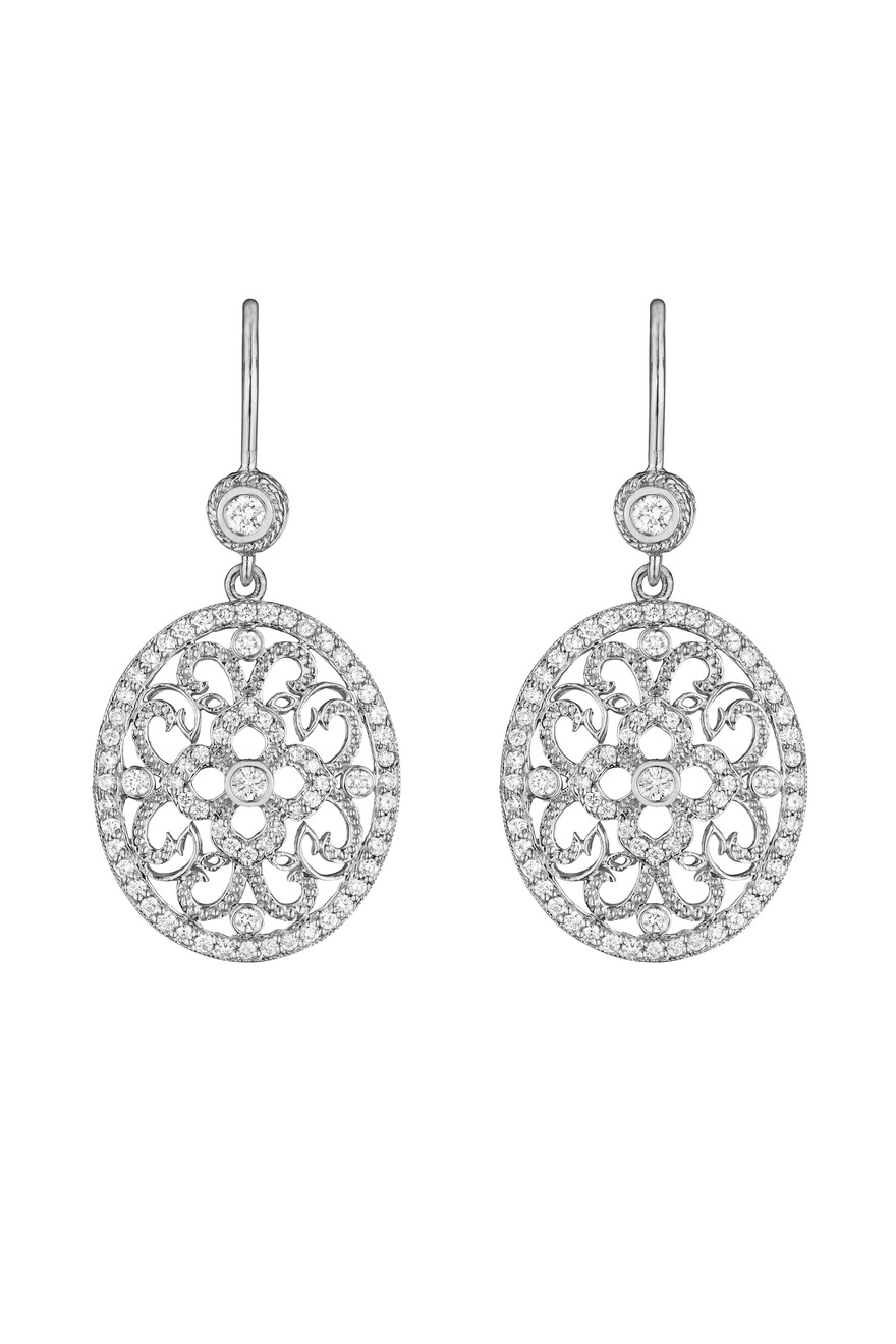 White Gold Round Curly Lace Diamond Earrings