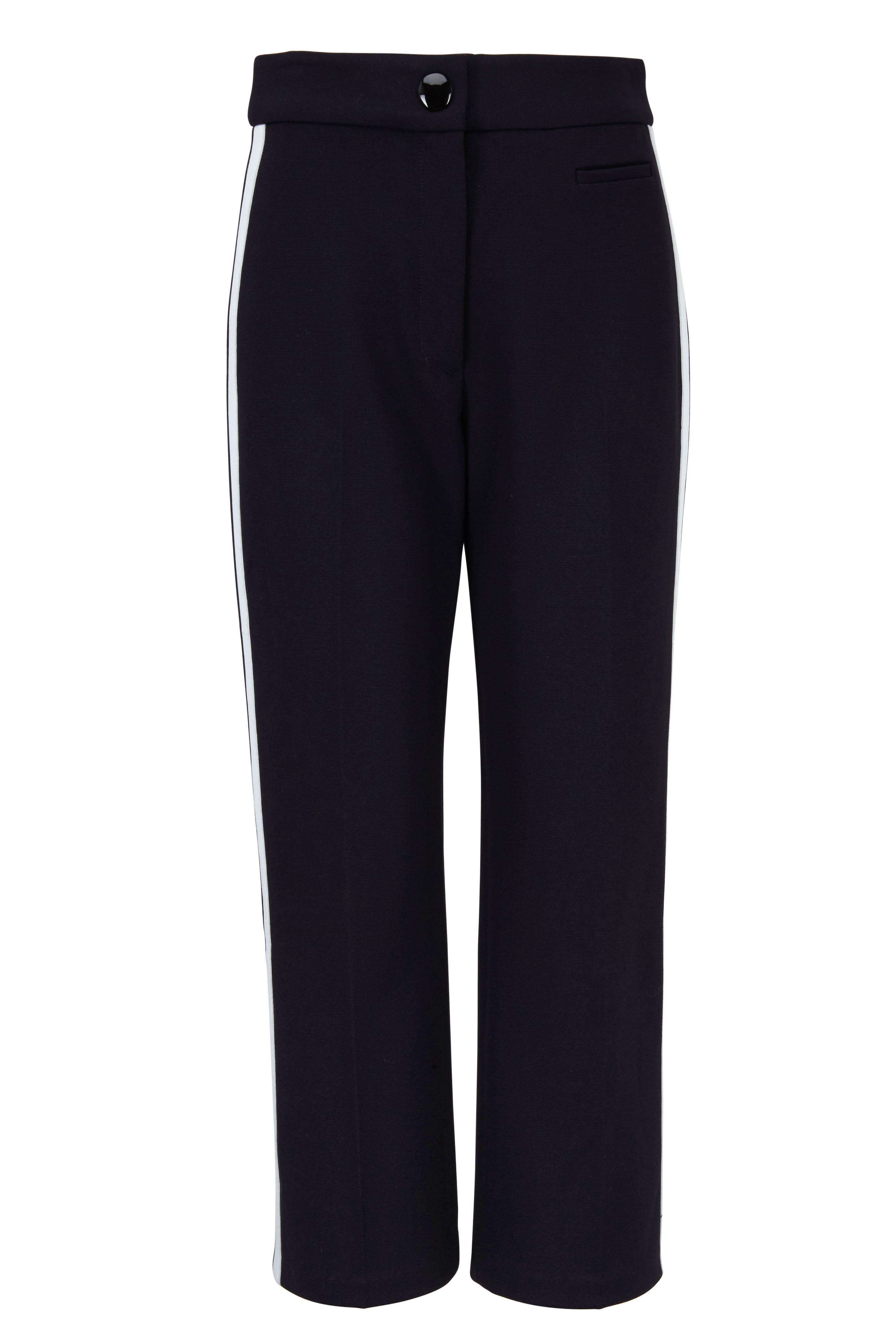 navy and white striped trousers