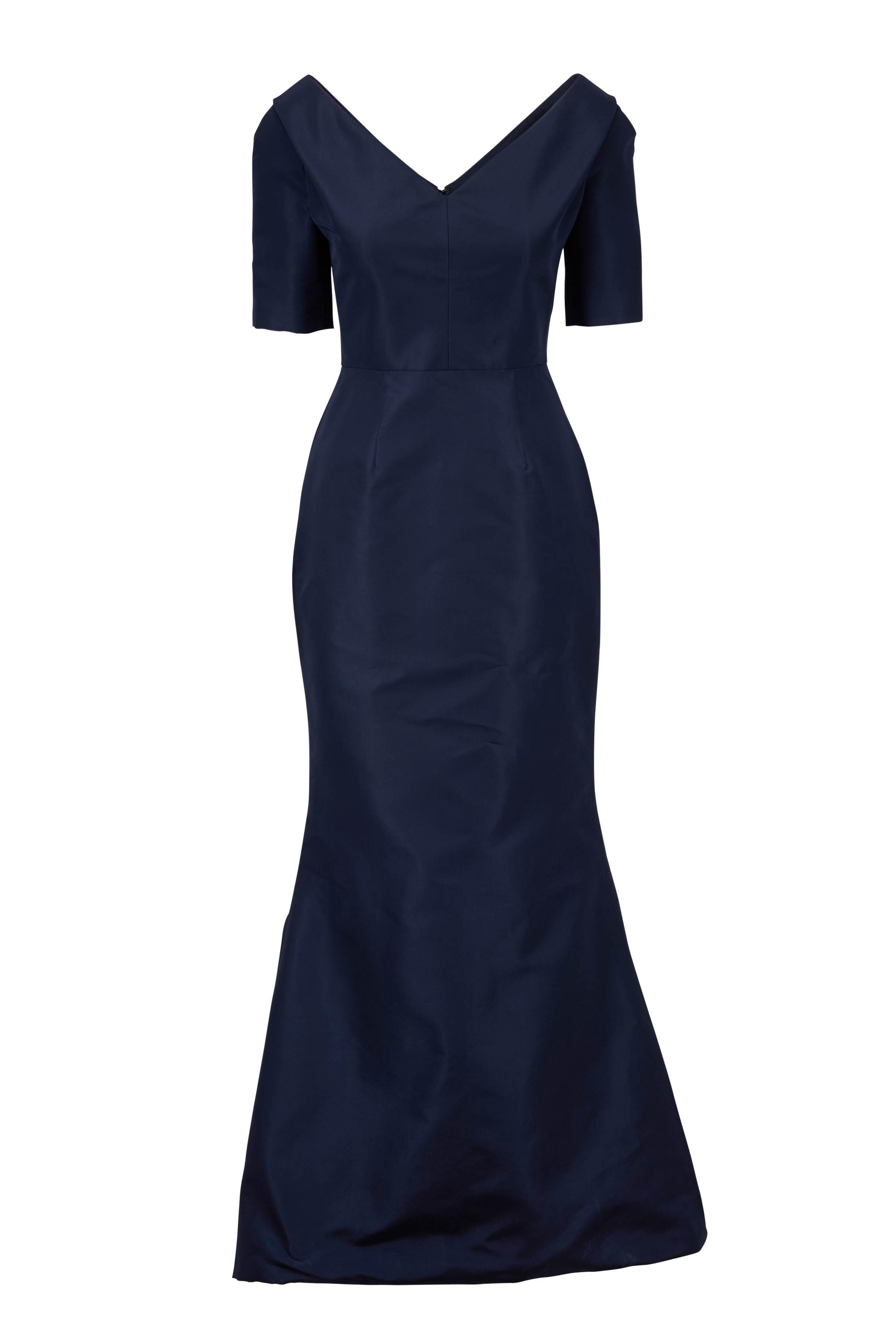 Navy Blue Silk Faille Elbow Sleeve Gown