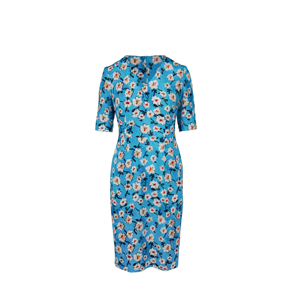 Escada - Dnila Dark Blue Floral Printed V-Neck Dress | Mitchell Stores