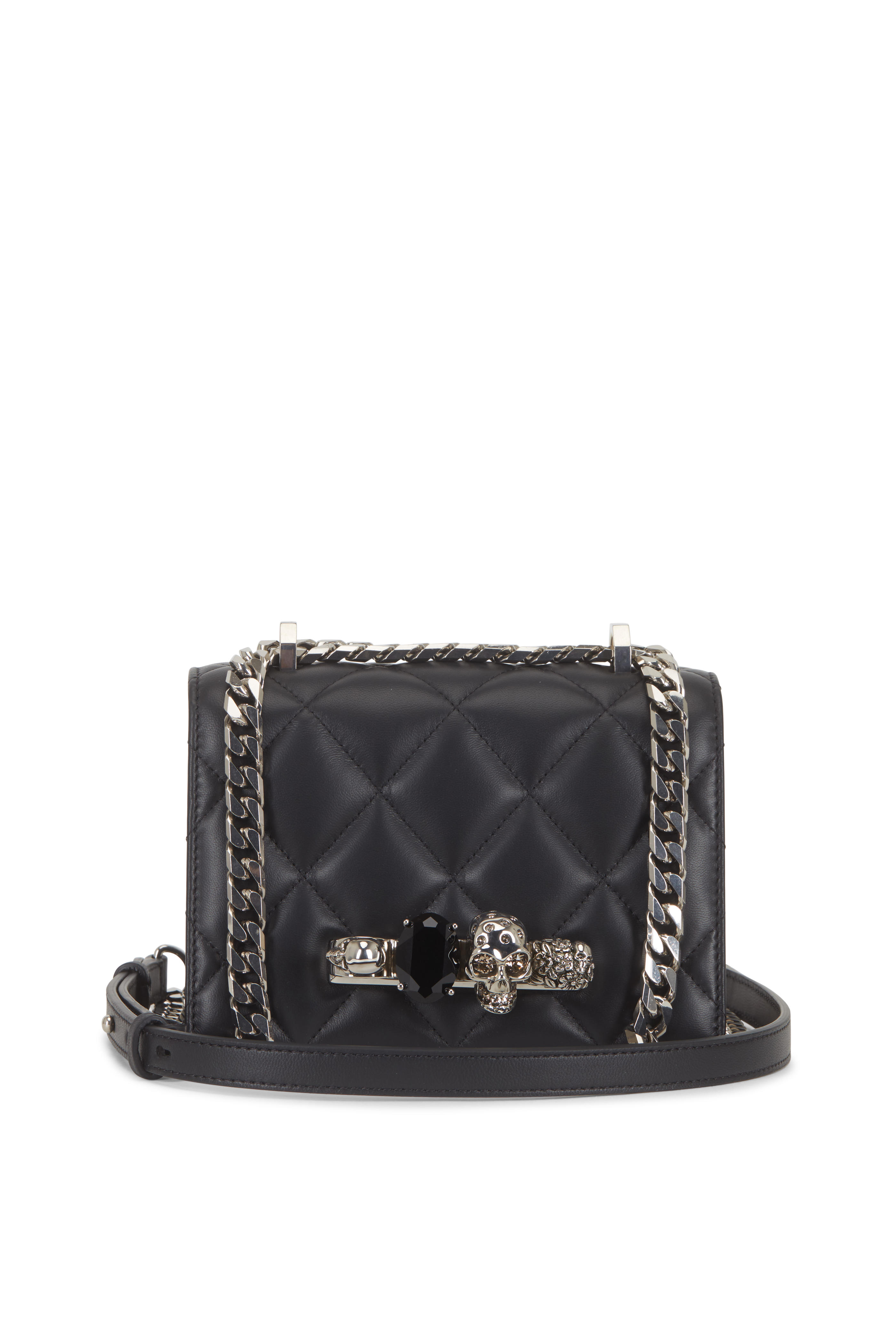 Black Quilted Leather Jeweled Knuckle 