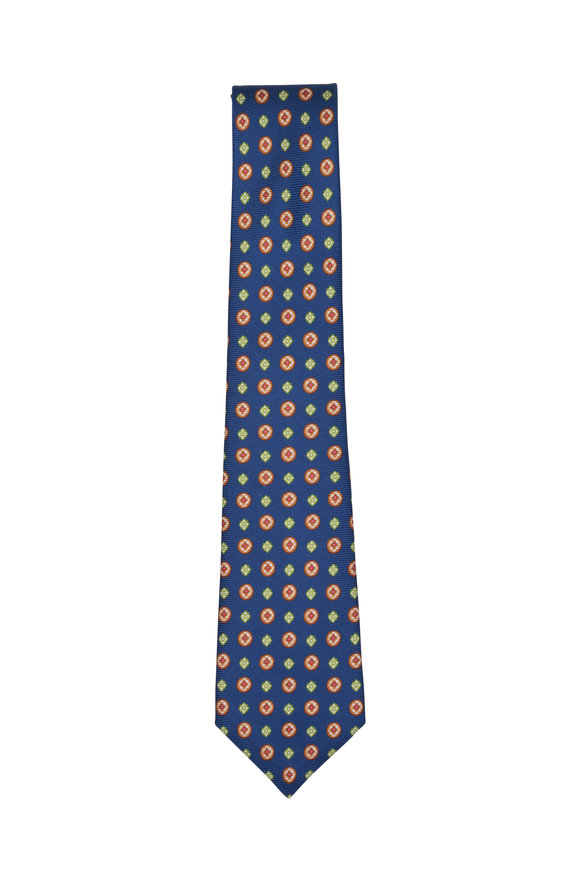 Fazzolettone Da Taschino Kiton – Seta 100% – Stampa Medaglione Blu E Bianco Turchese – Nuovo