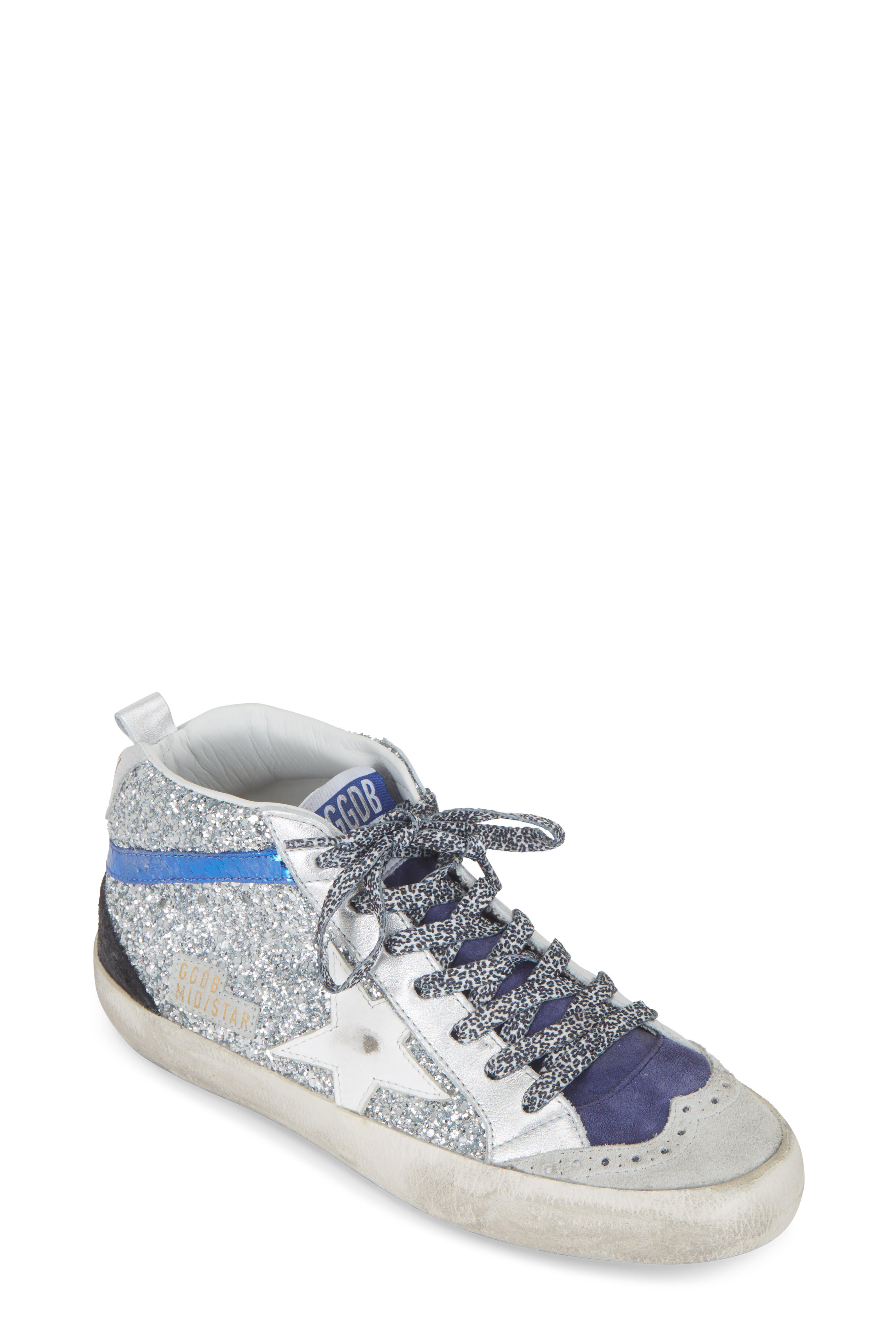 Golden Goose Mid Star Silver Glitter White Star Sneaker Mitchell Stores