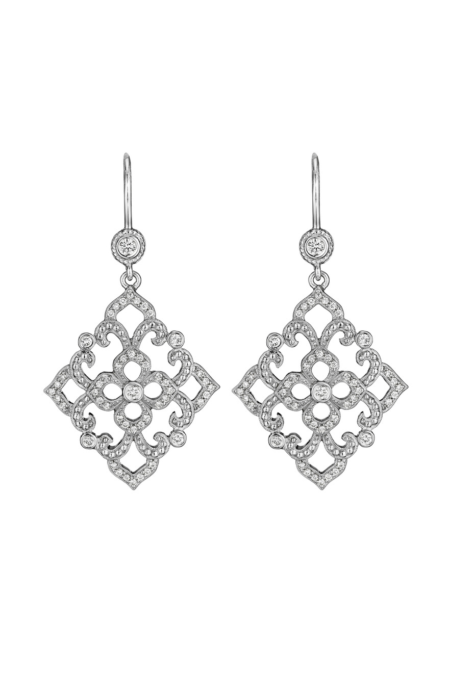 White Gold Diamond Lace Beaded Earrings