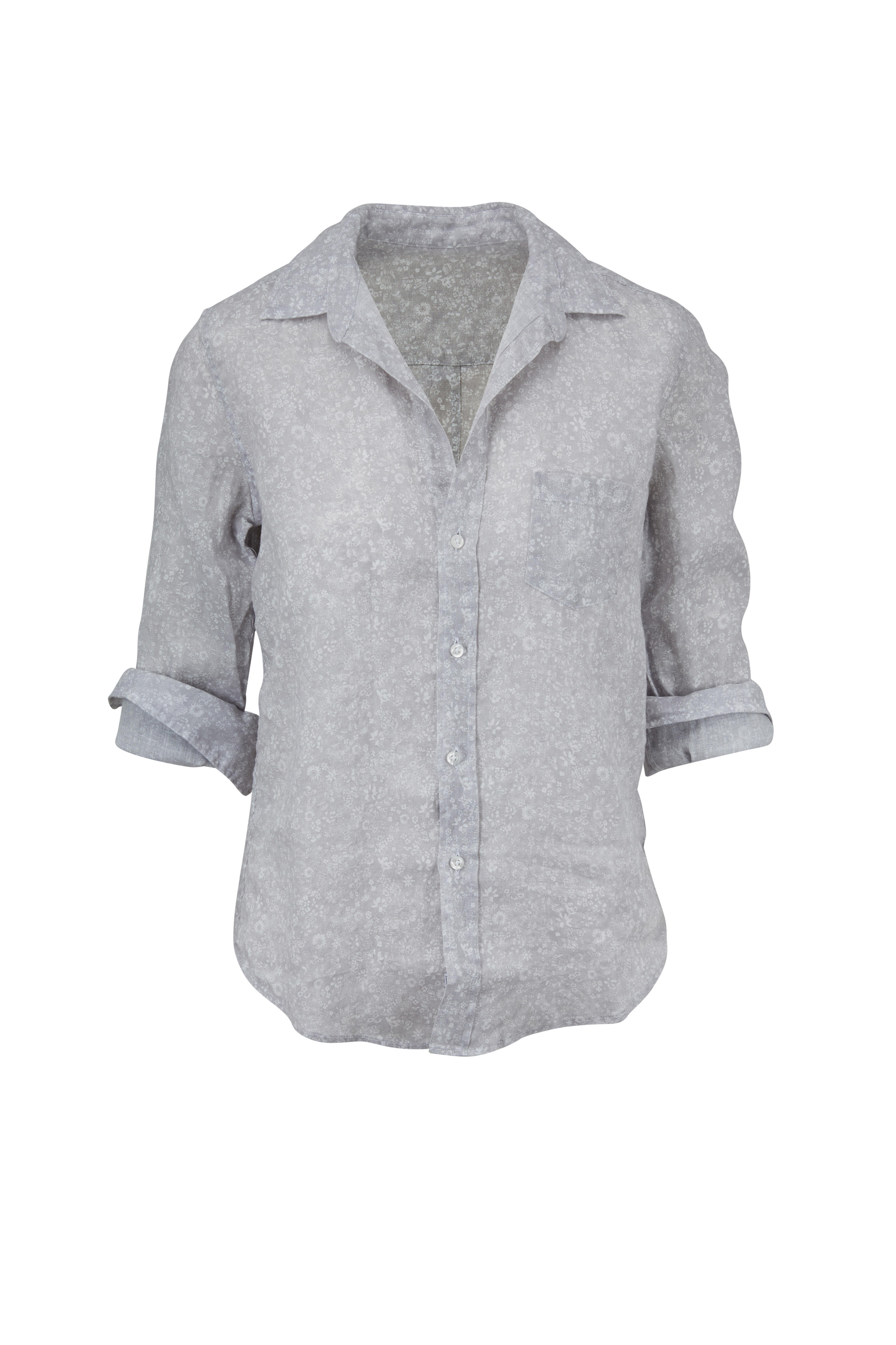 Frank Eileen Barry Light Gray White Floral Linen Button Down Mitchell Stores