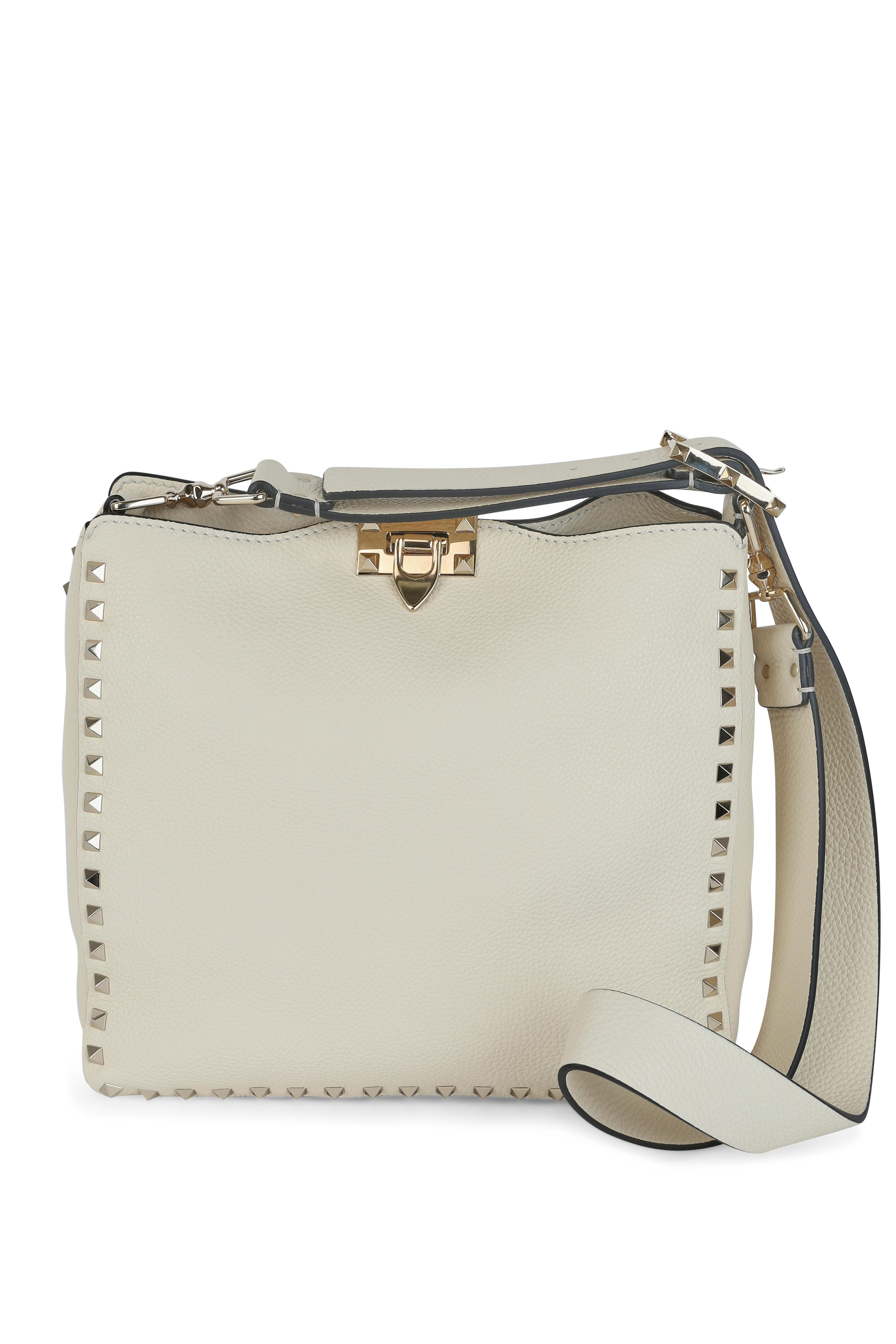 Valentino Garavani Rockstud Ivory Leather Small Hobo Crossbody