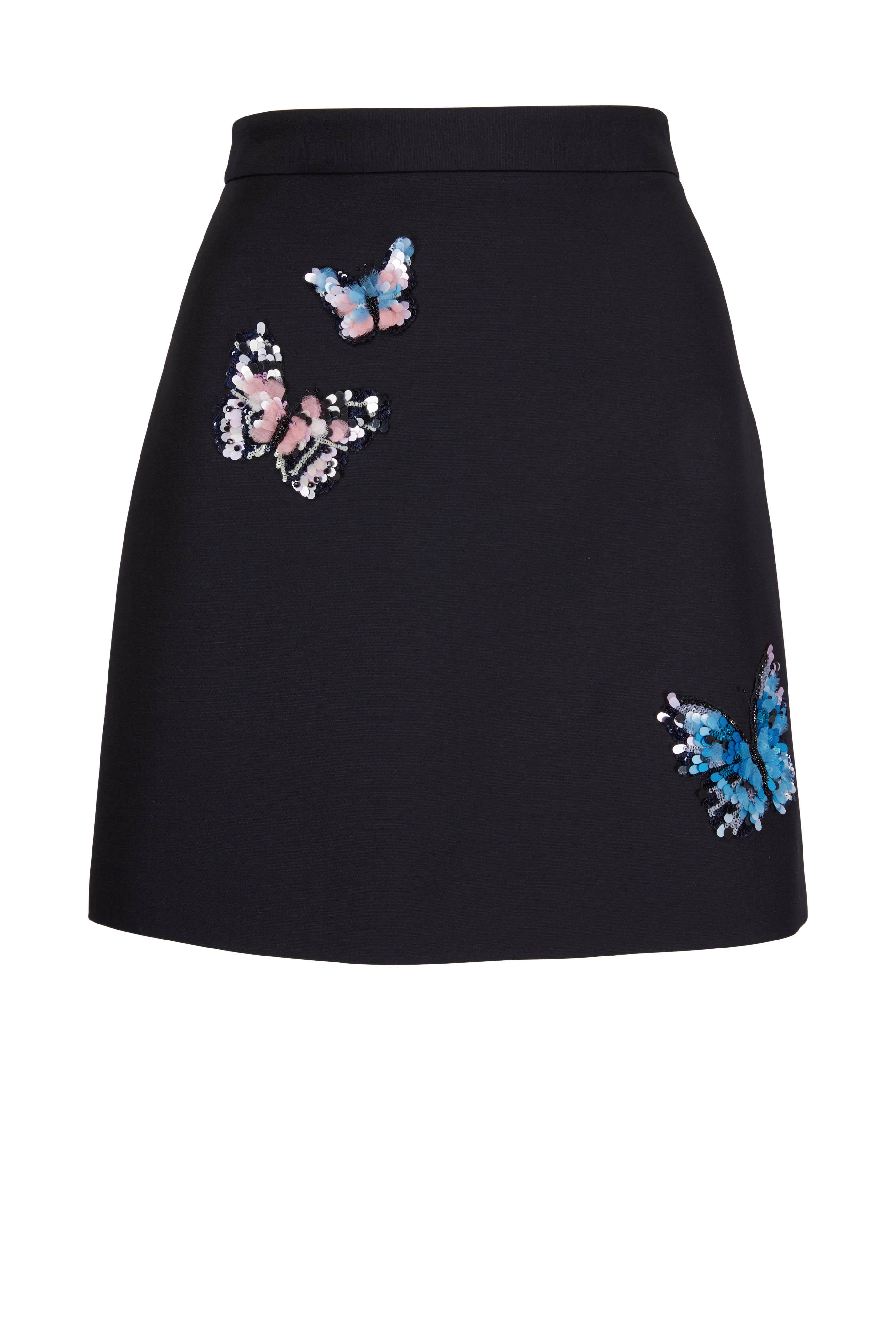 Black Wool & Silk Butterfly Sequined Mini Skirt