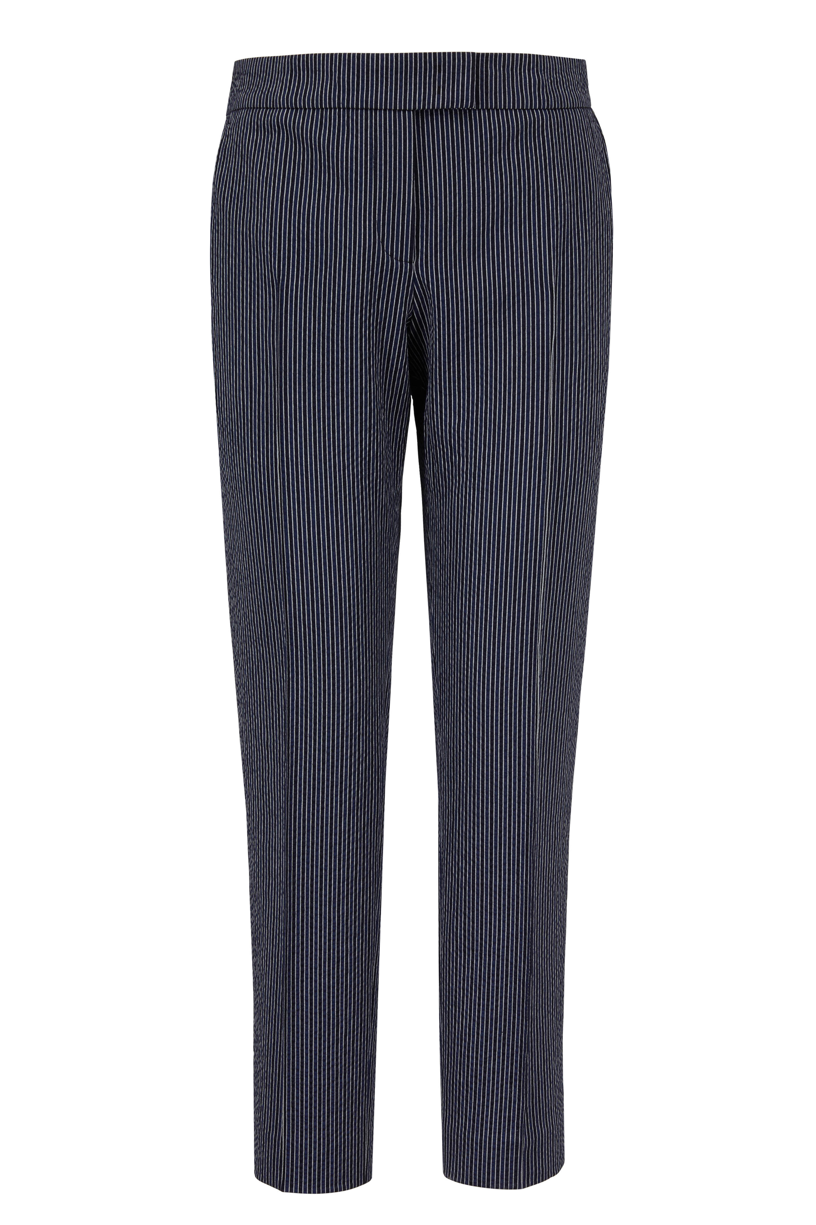 navy and white striped trousers