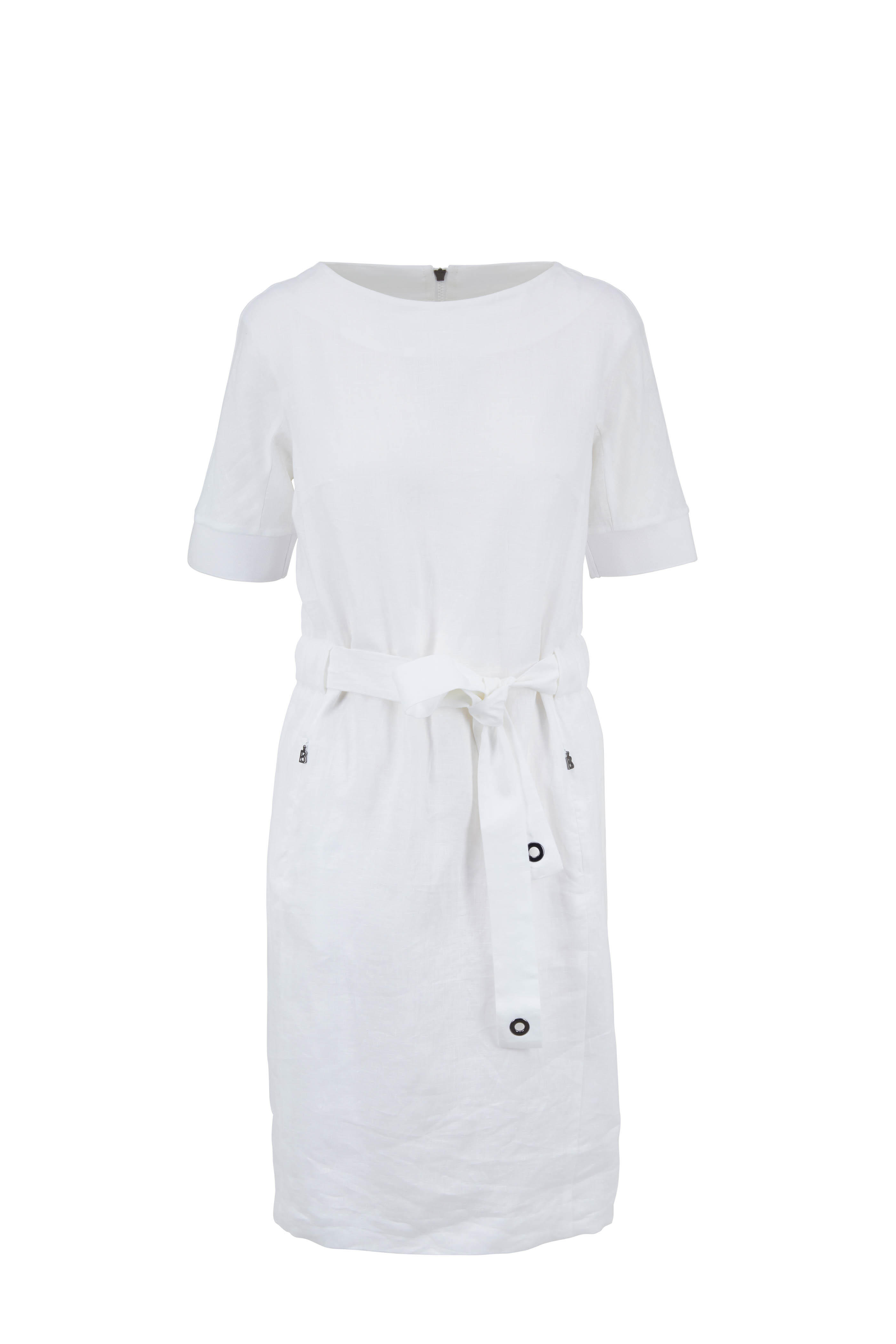 white linen short sleeve dress