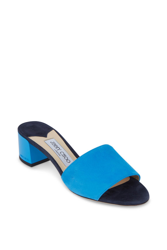 Jimmy Choo Joni Sky Blue Suede Lacquer Heel Slide, 40mm