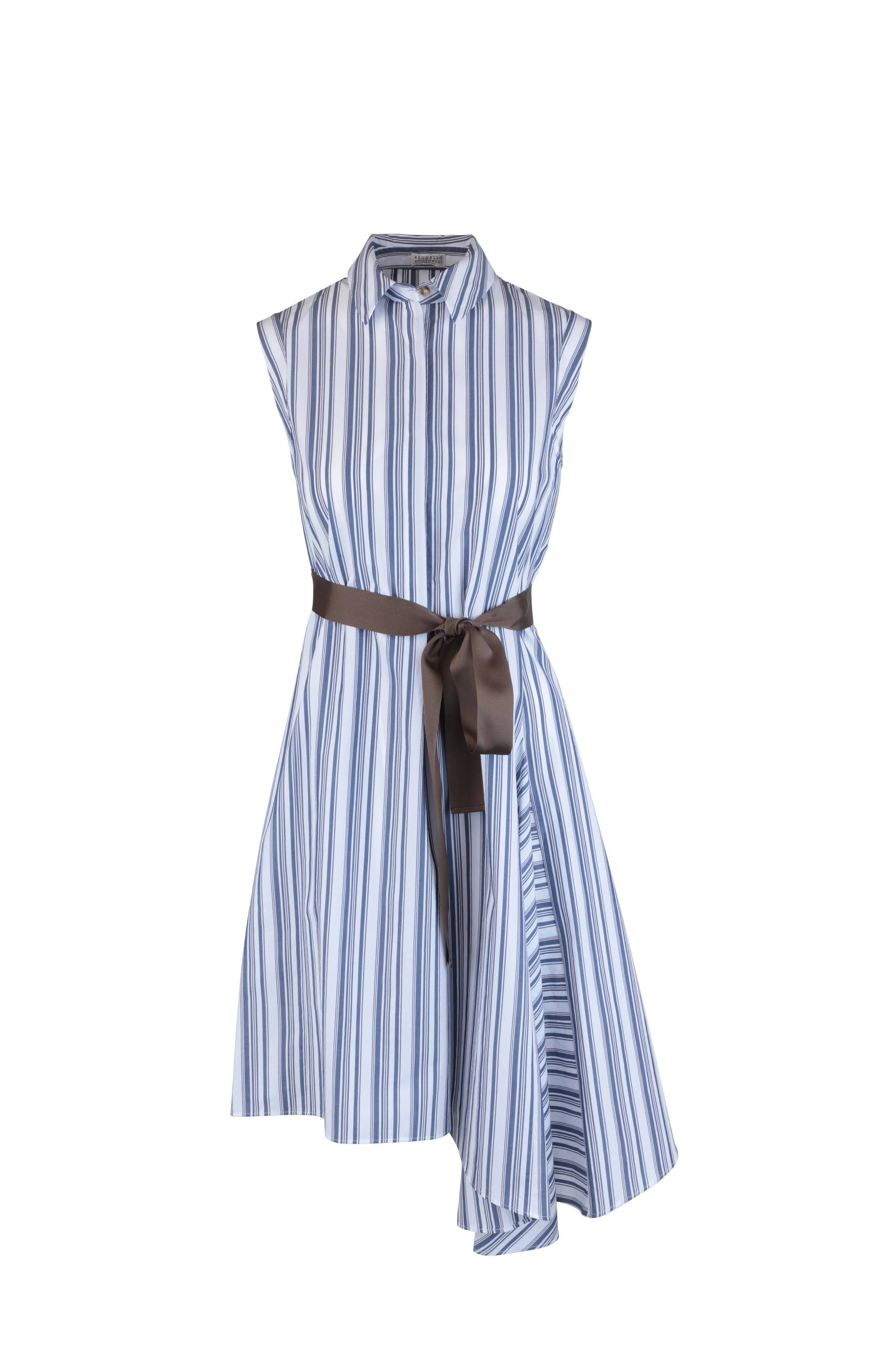 blue and white striped sleeveless dress