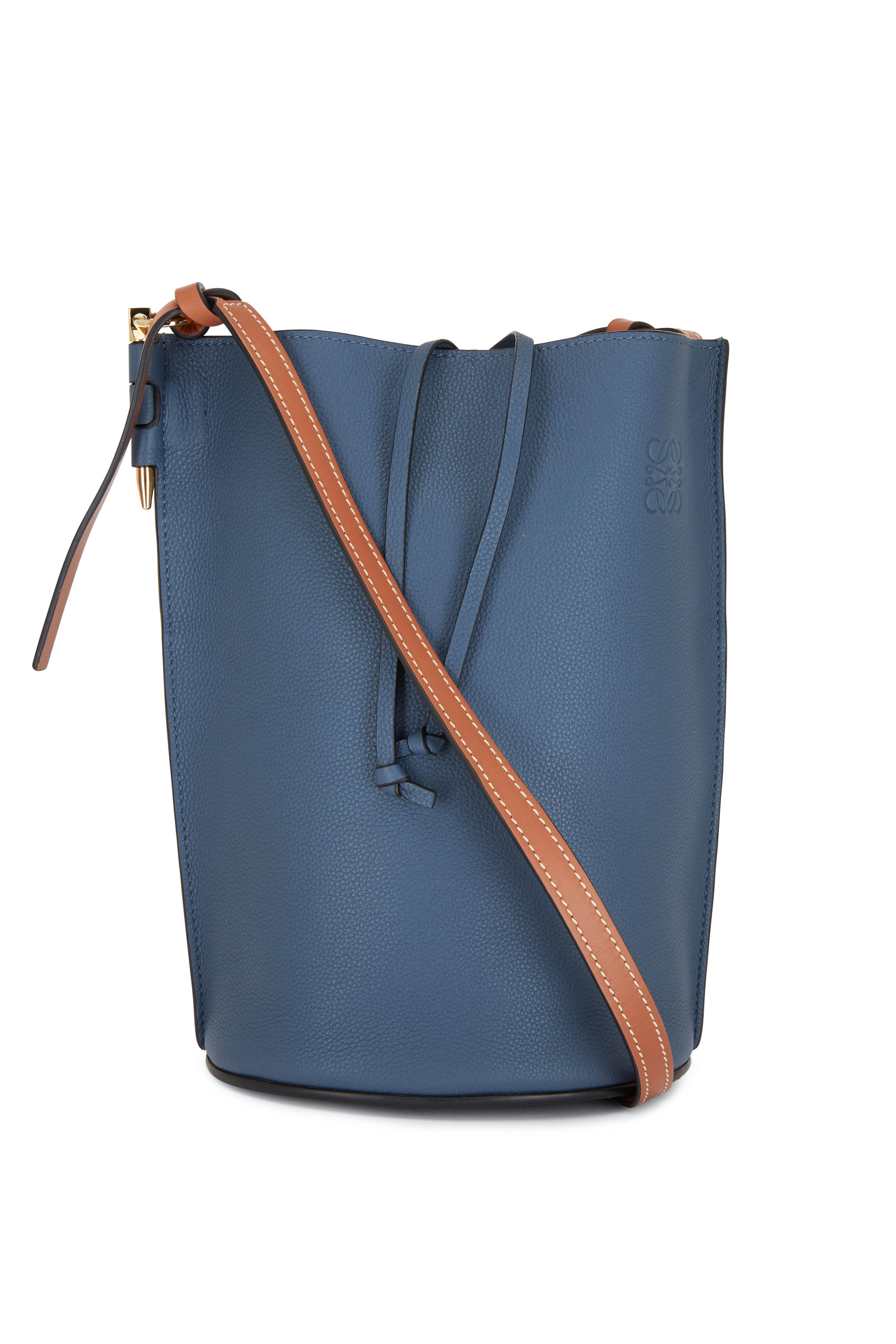 blue leather bucket bag