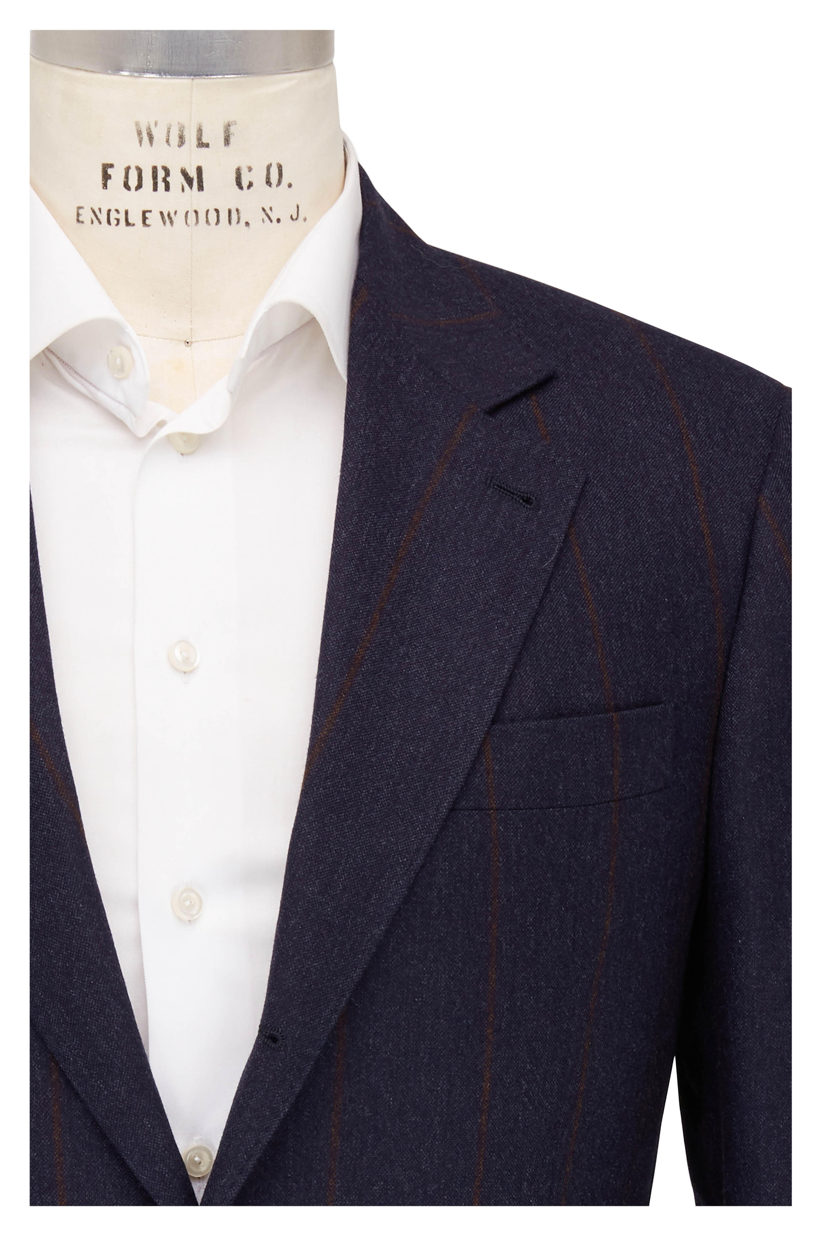 Brunello Cucinelli - Navy Blue Wool Blend Striped Suit | Mitchell Stores