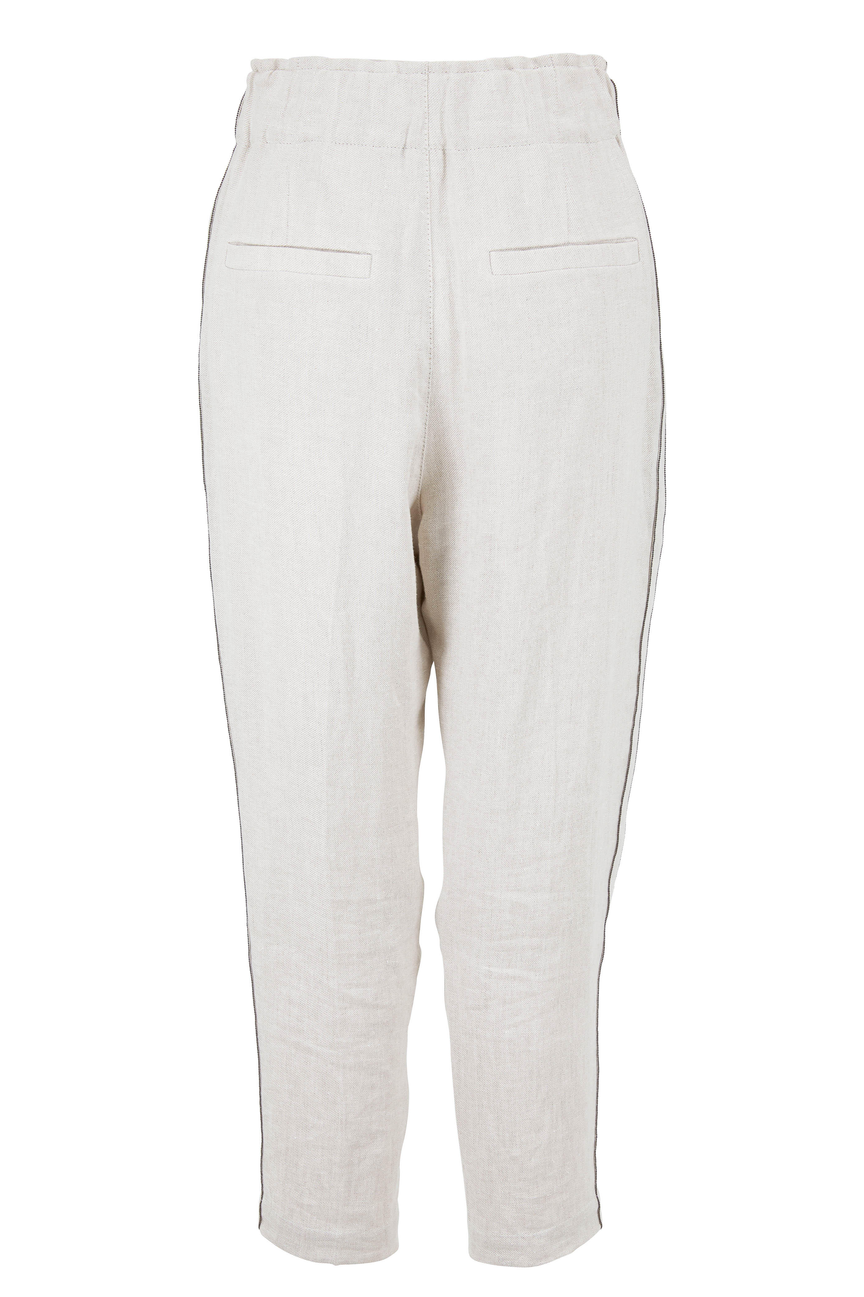 Brunello Cucinelli - Plaster Rustic Linen Monili Side-Striped Pant