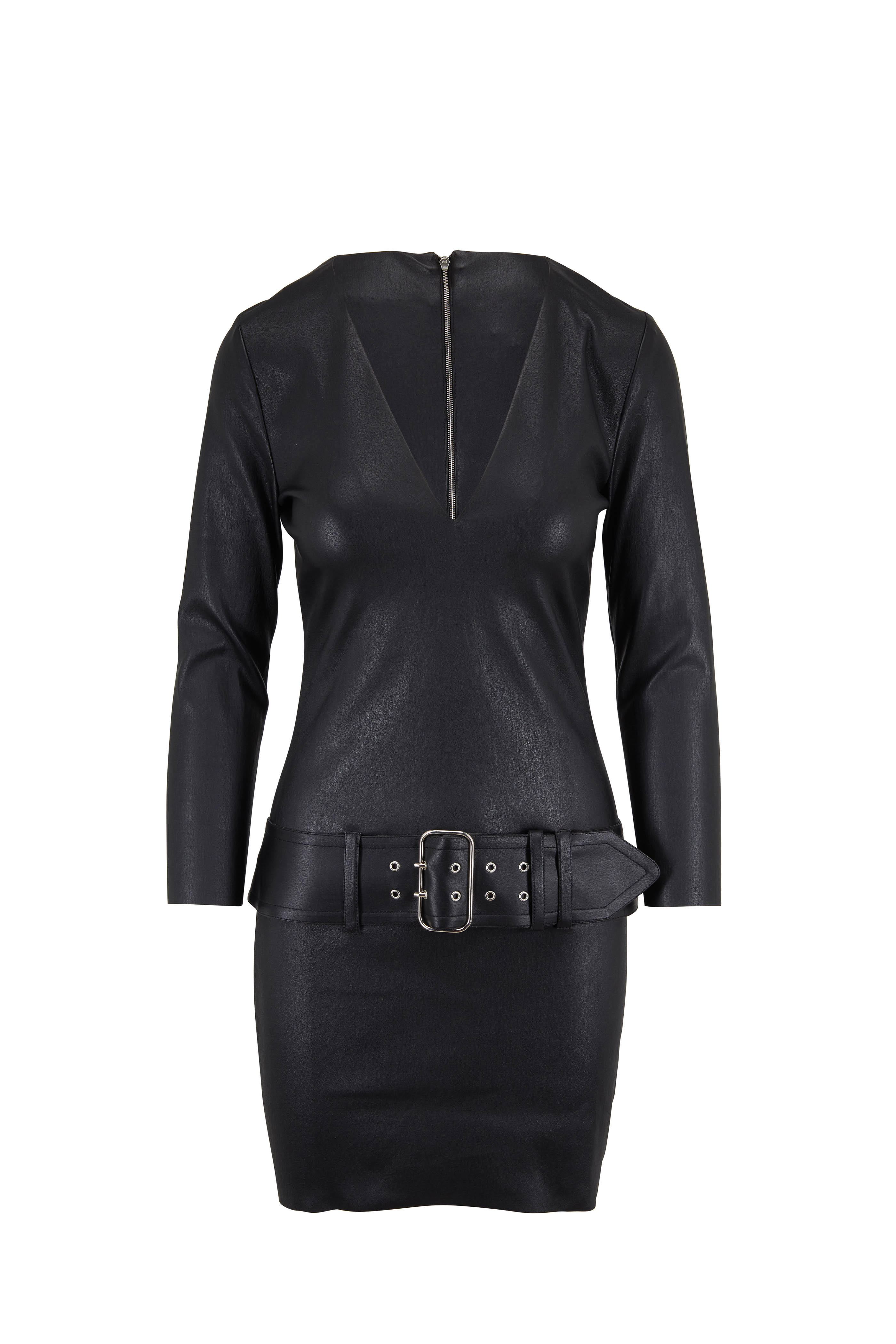 black leather belted dress