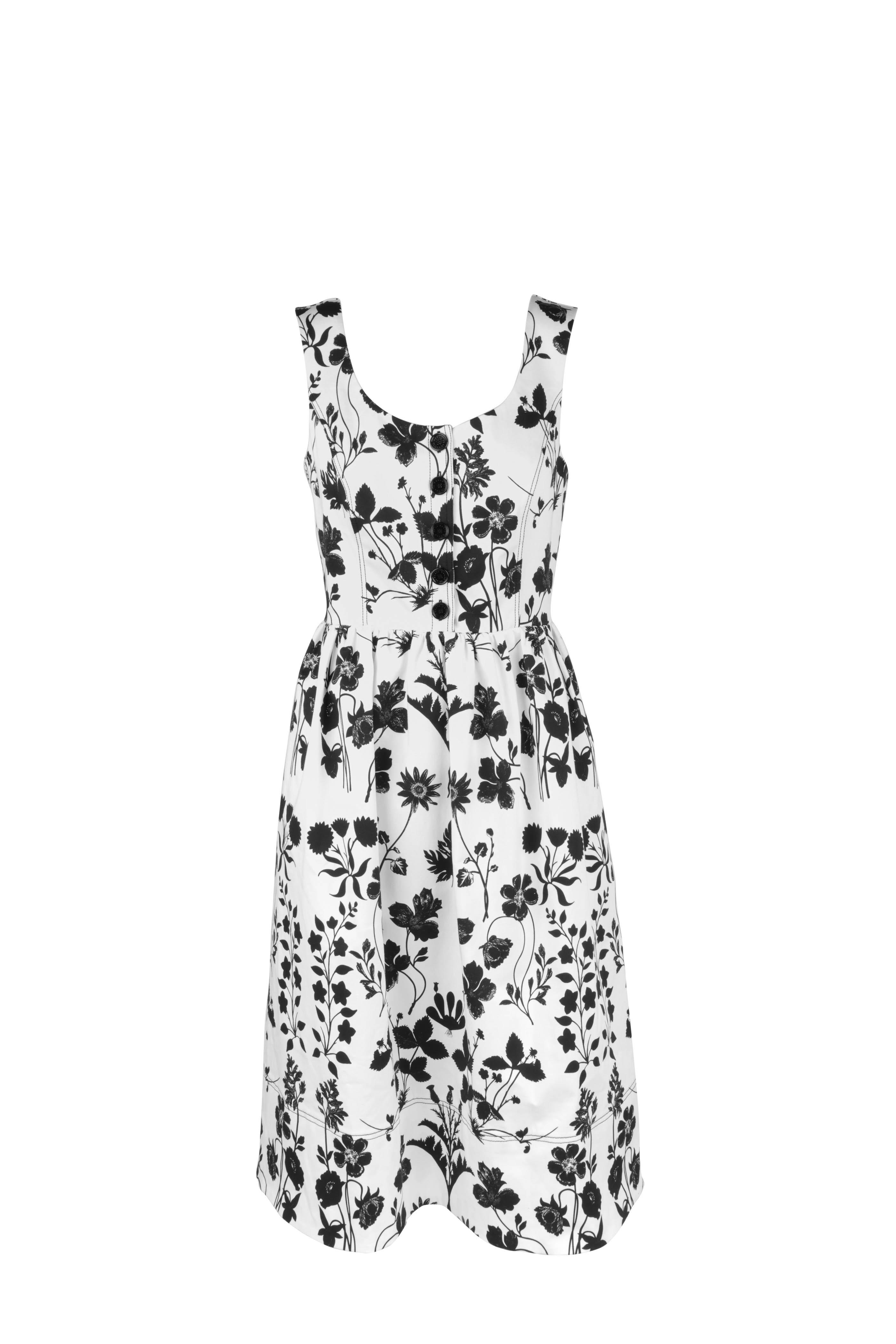 Oscar De La Renta Black White Floral Print Sleeveless Midi Dress Mitchell Stores
